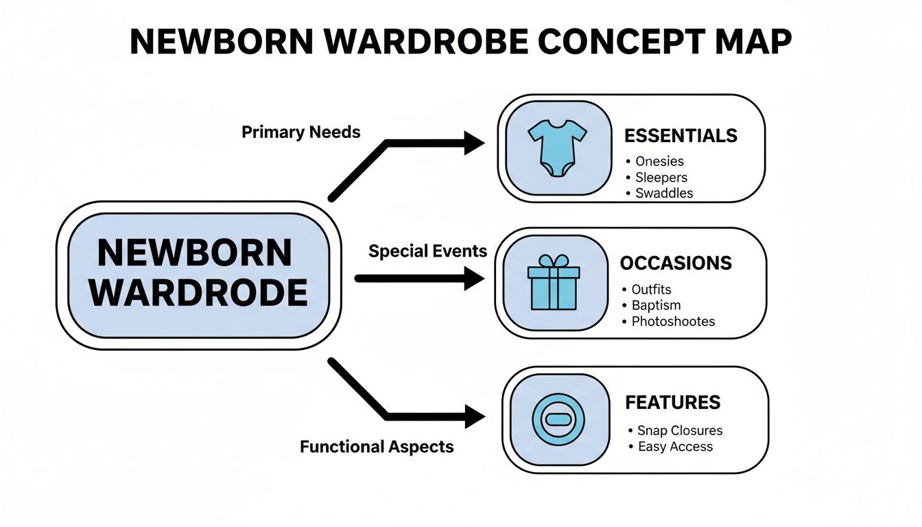 Newborn wardrobe concept map illustrating essentials, special occasion clothing, and functional features.