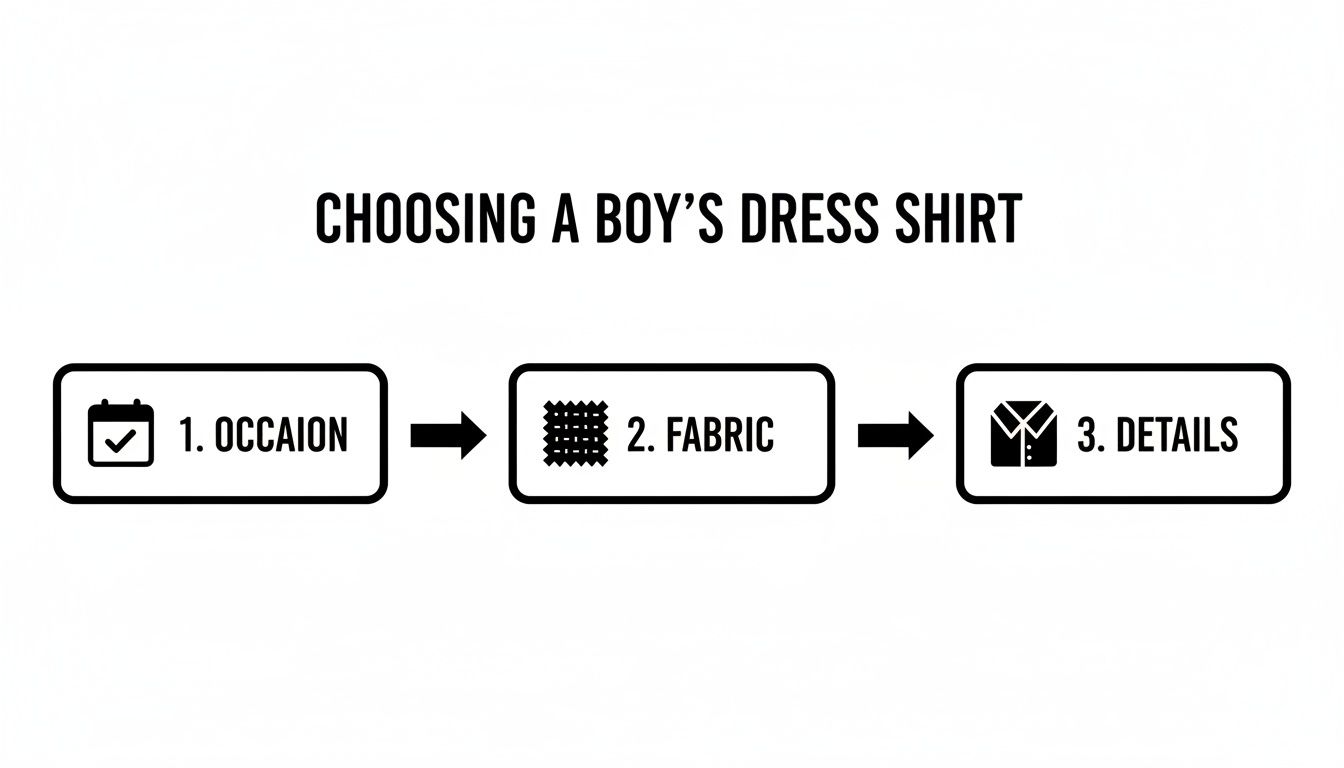 Visual guide outlining three steps for selecting a boy's dress shirt: occasion, fabric, and design details.
