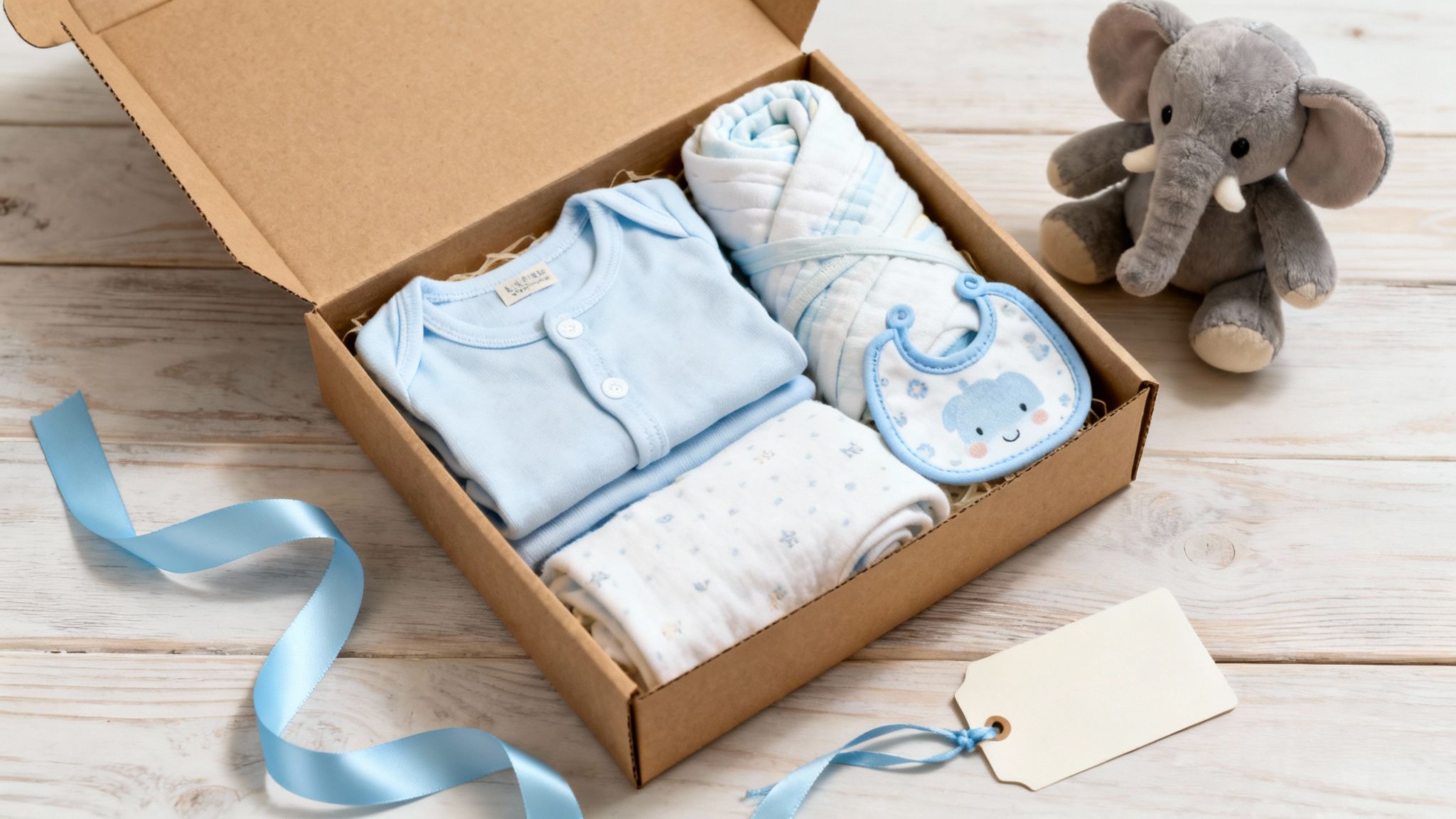 A brown gift box filled with blue baby clothes, a blanket, bib, and an elephant toy on a wooden table.