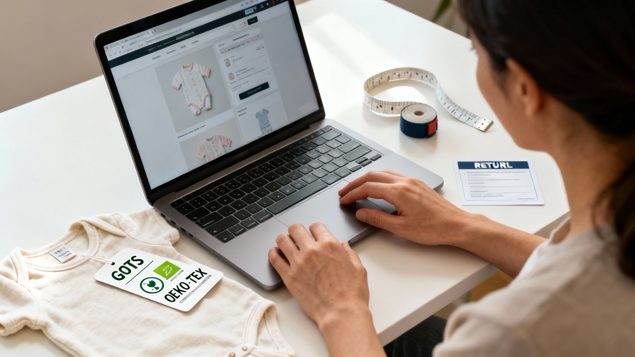 Woman browsing an e-commerce website for sustainable baby clothing with GOTS and Oeko-Tex labeled onesie.