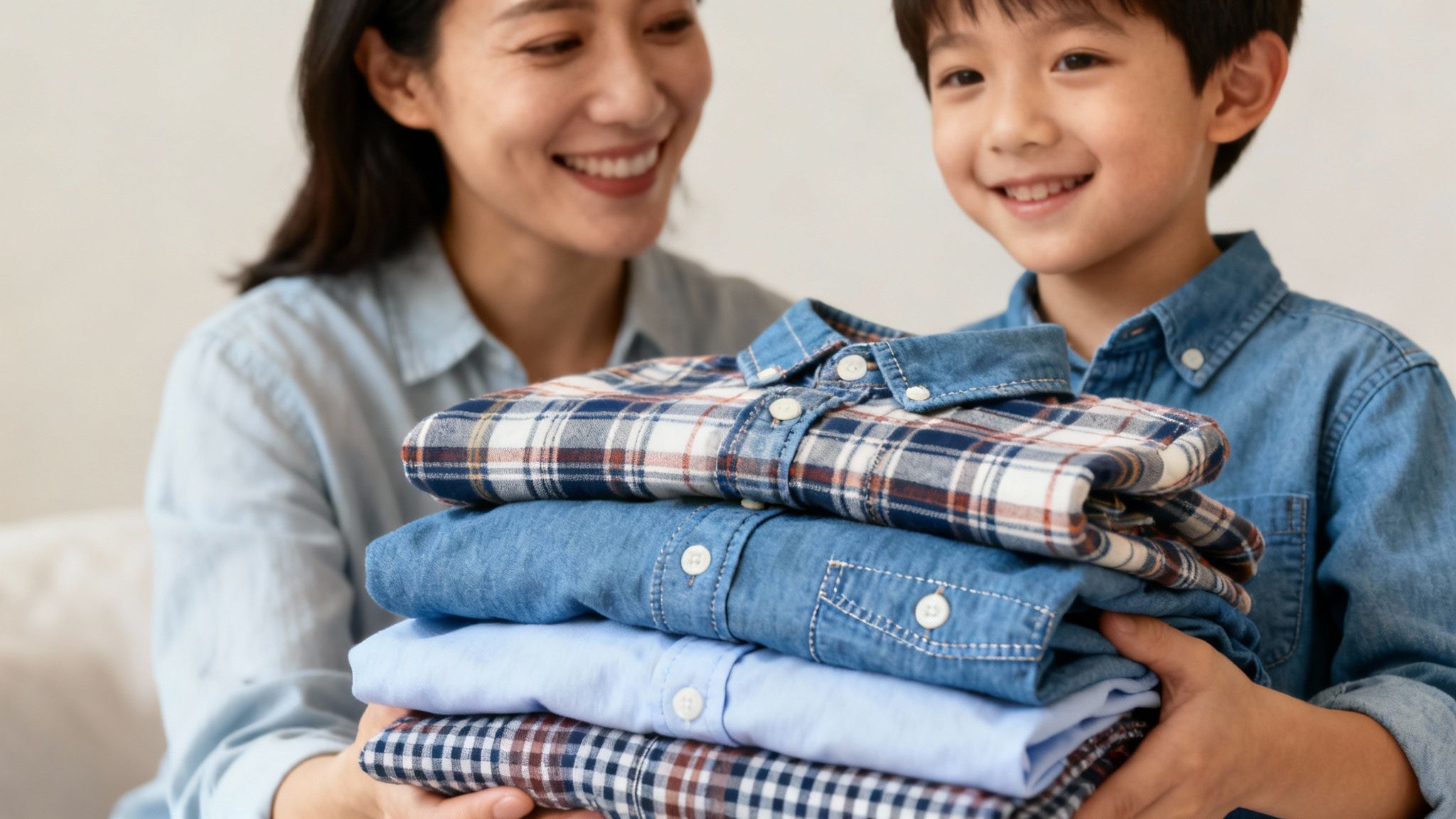 A smiling mother and son hold a stack of neatly folded button-down shirts.