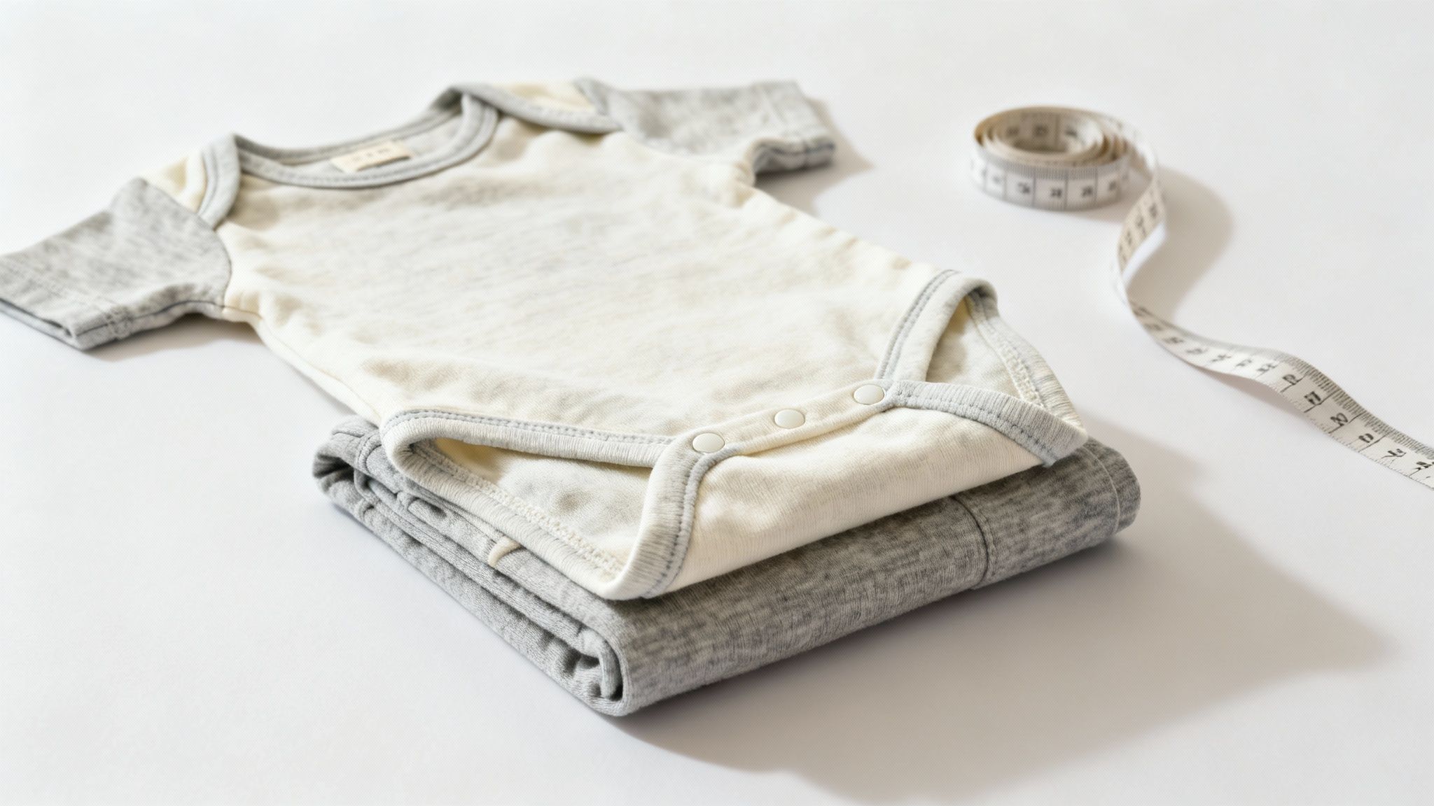 A cream and grey baby onesie folded on a grey fabric with a measuring tape on a white background.