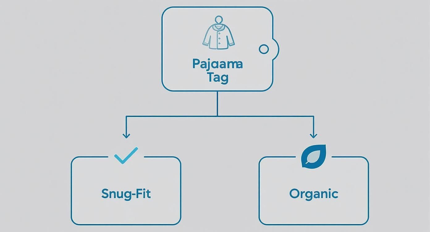 A diagram illustrating pajama tag features, specifically snug-fit and organic options for clothing.