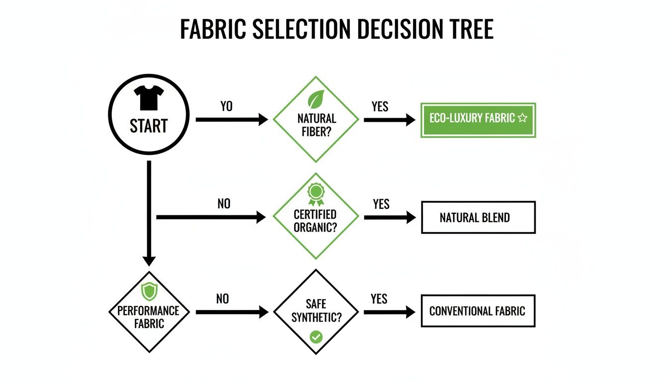 Decision tree flowchart illustrating fabric selection criteria based on natural fibers and sustainability.