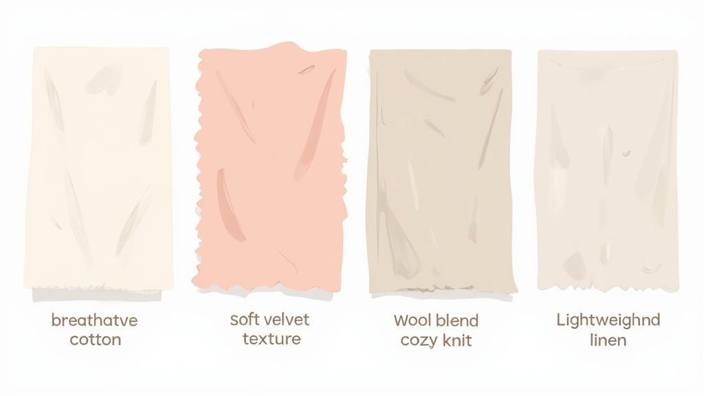 A girl in a comfortable, classy dress looking at the fabric