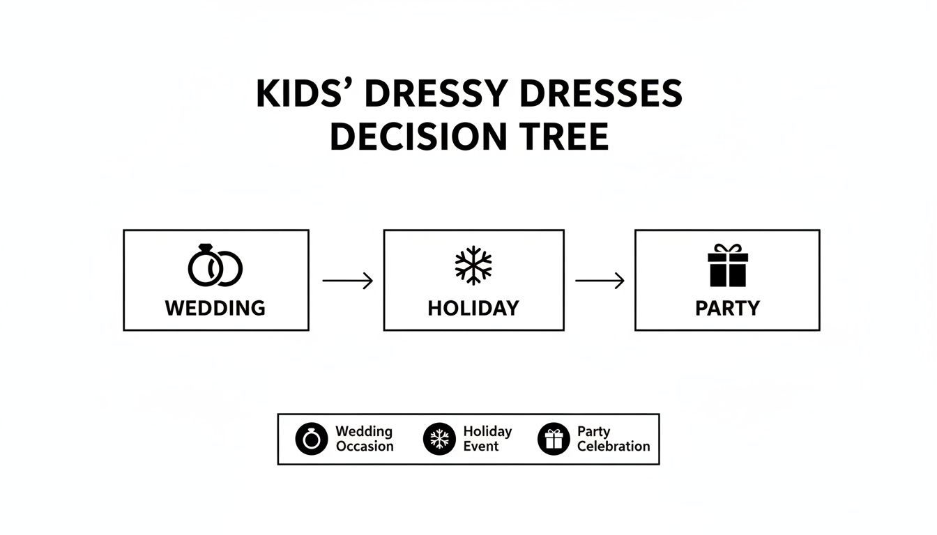 A decision tree diagram for kids' dressy dresses, categorizing them for wedding, holiday, and party events.