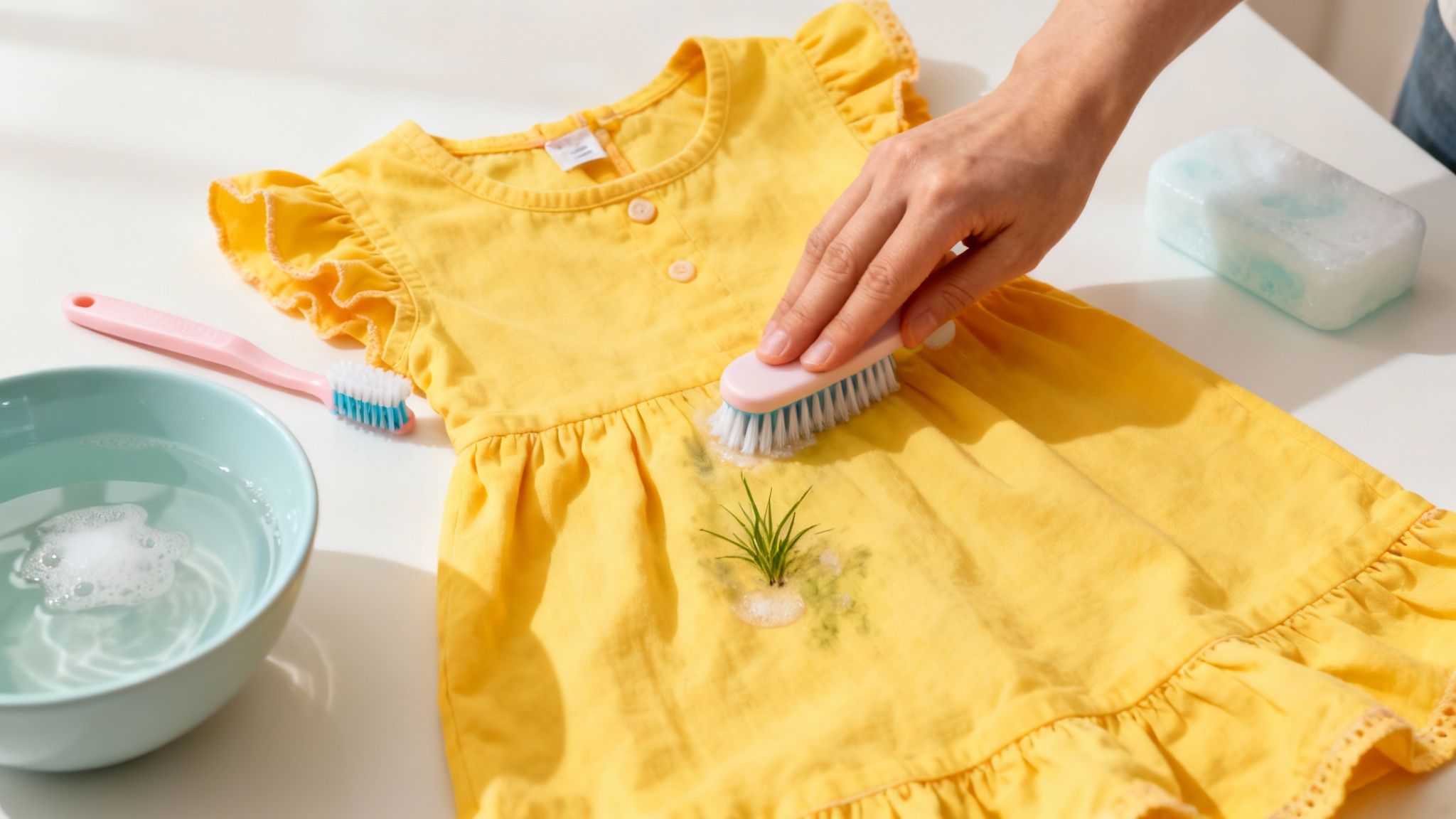 Hand scrubbing grass stain on yellow toddler dress with pink brush and soapy water bowl