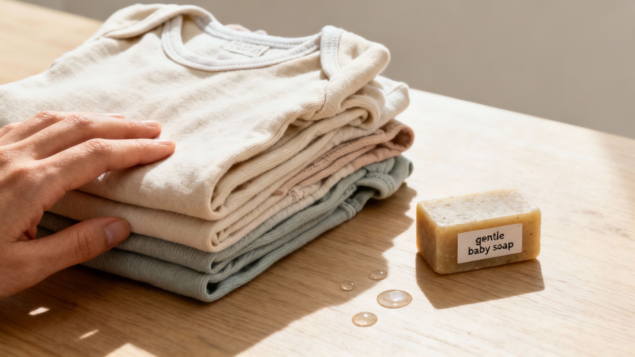 A hand gently touches a stack of folded soft baby clothes next to natural baby soap.