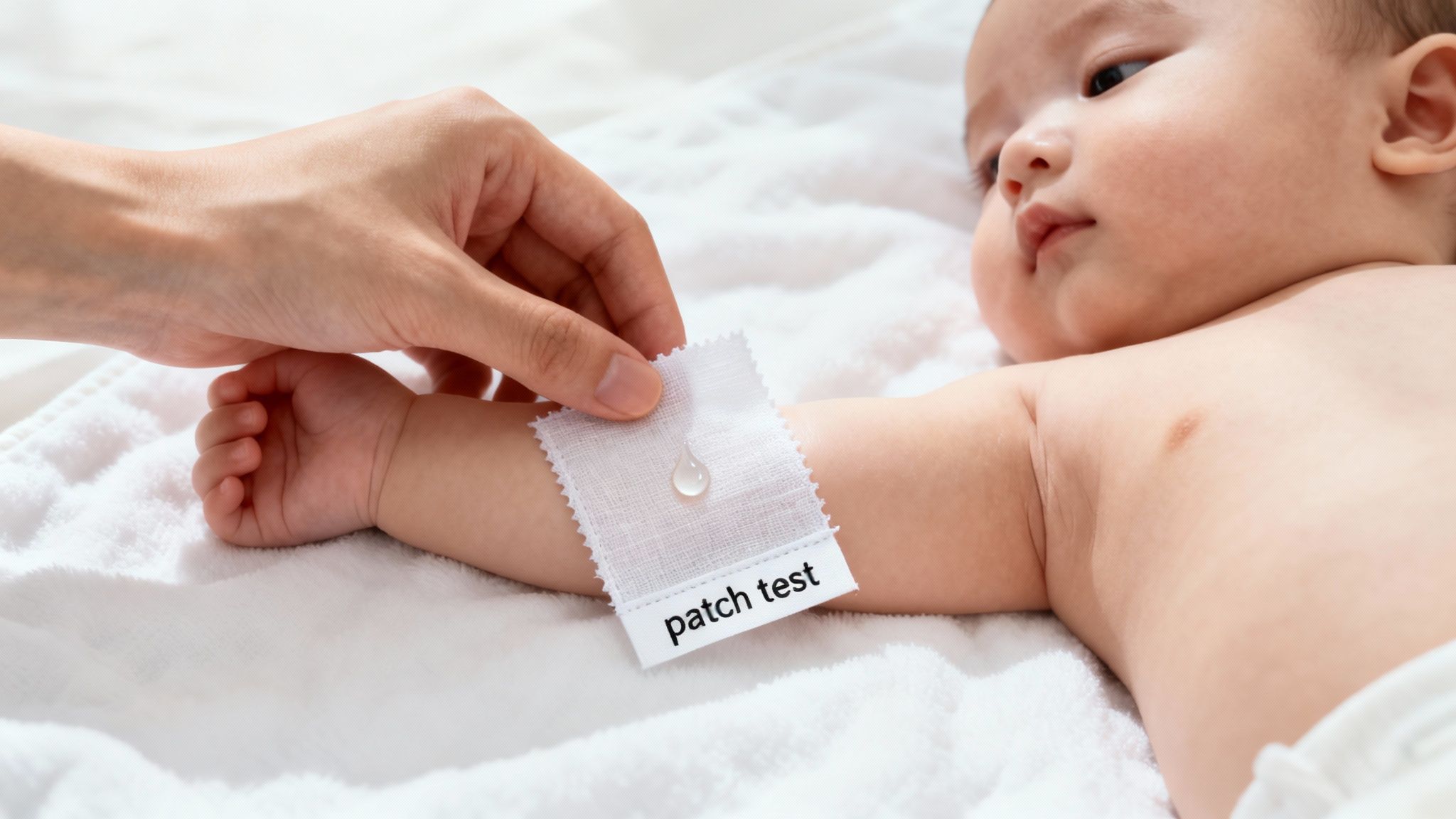 A hand applies a patch test with a liquid drop on a baby's arm, checking for skin sensitivity.