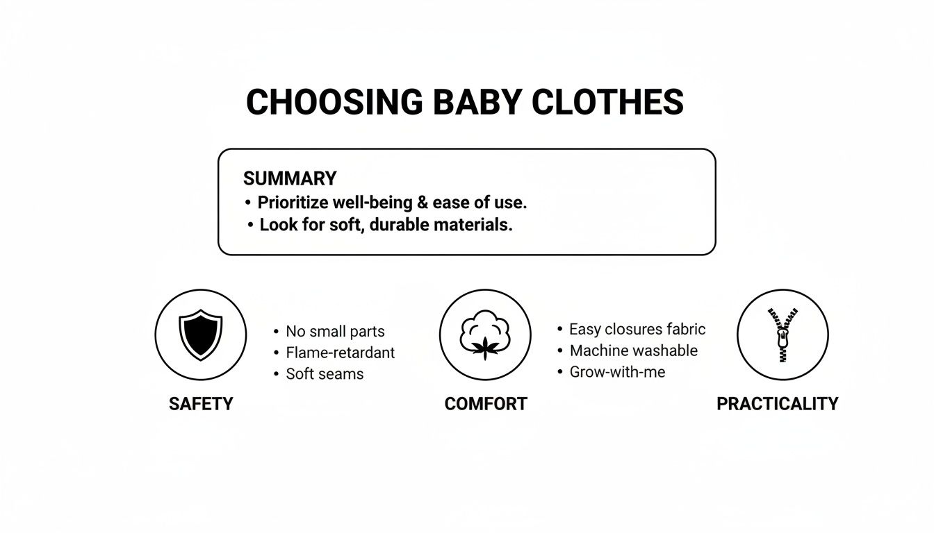 An infographic titled 'Choosing Baby Clothes' with tips on safety, comfort, and practicality for infants.