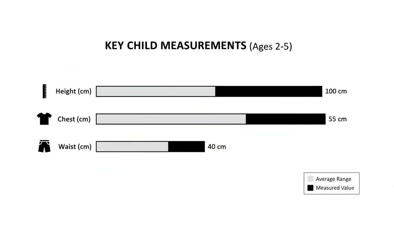 Bar chart showing key child measurements for ages 2-5, including height, chest, and waist.