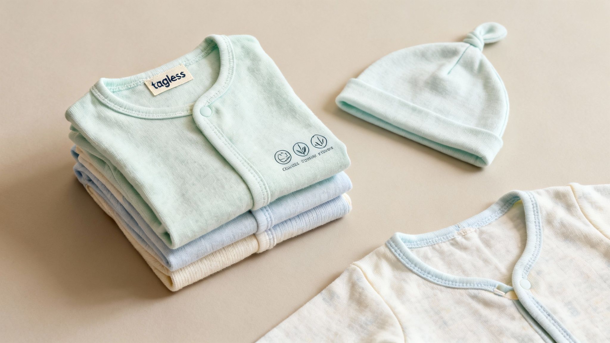 A stack of pastel-colored tagless baby bodysuits and a matching light blue baby hat.