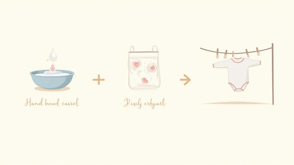 A neatly folded stack of soft, organic baby clothes