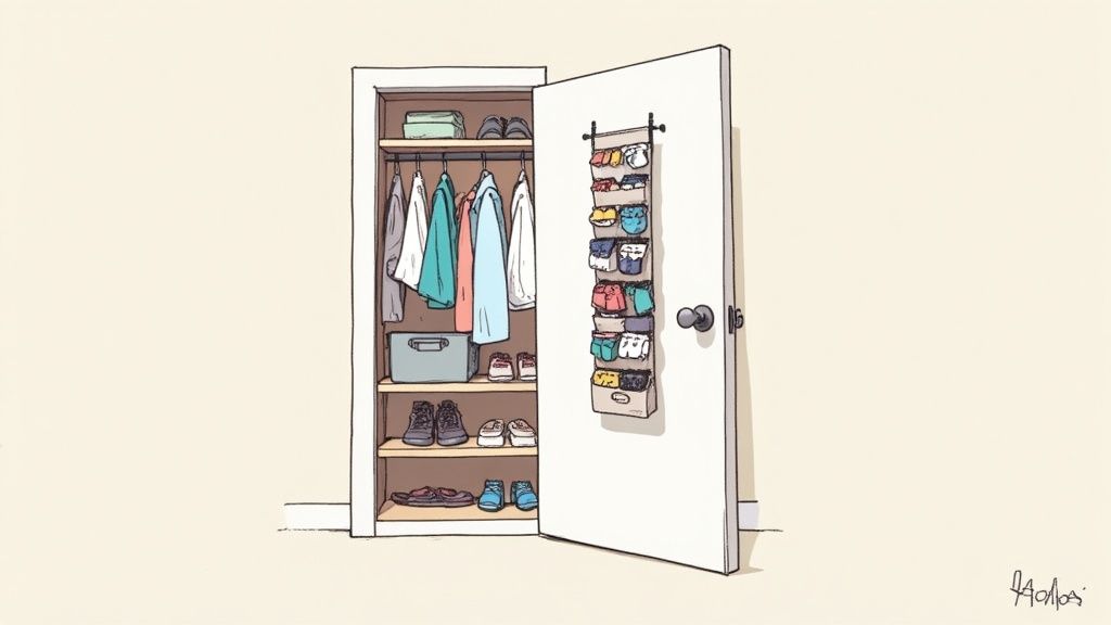 A well-organized kids closet with hanging clothes, folded items on shelves, and storage bins on the floor.