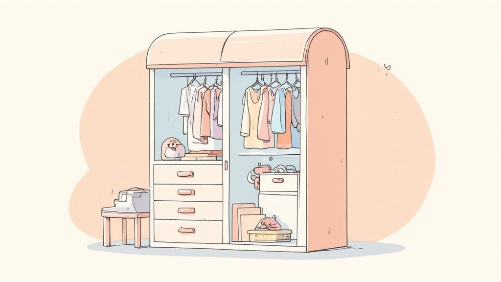 A neatly organized kids' closet with colorful bins and folded clothes on shelves.