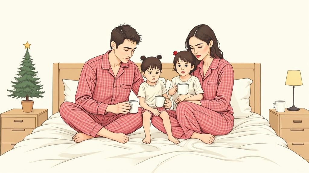 A family laughing in matching red and white plaid pajamas in front of a Christmas tree.