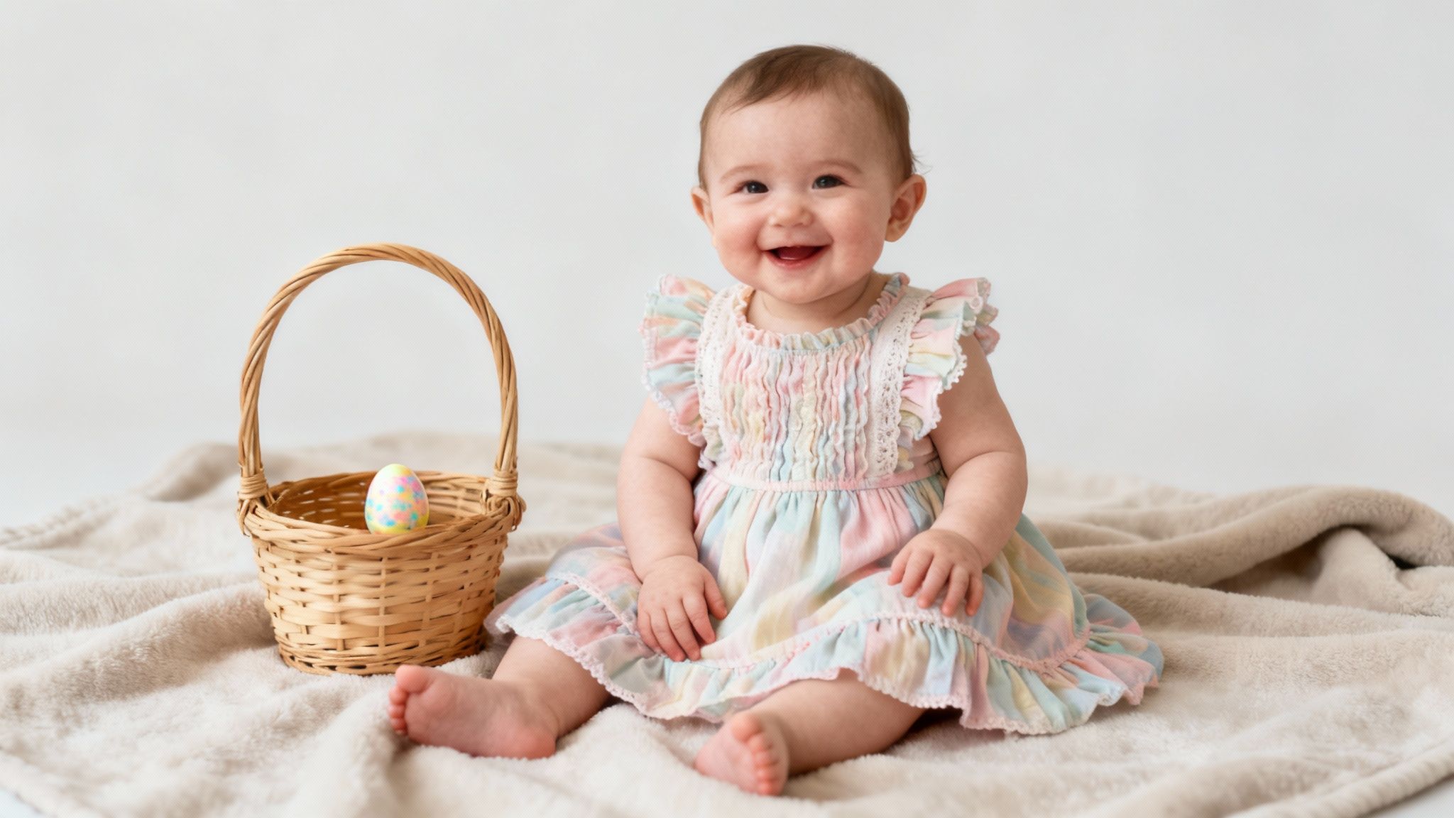 Smiling baby girl wearing pastel striped Easter dress sitting with wicker basket and decorated egg