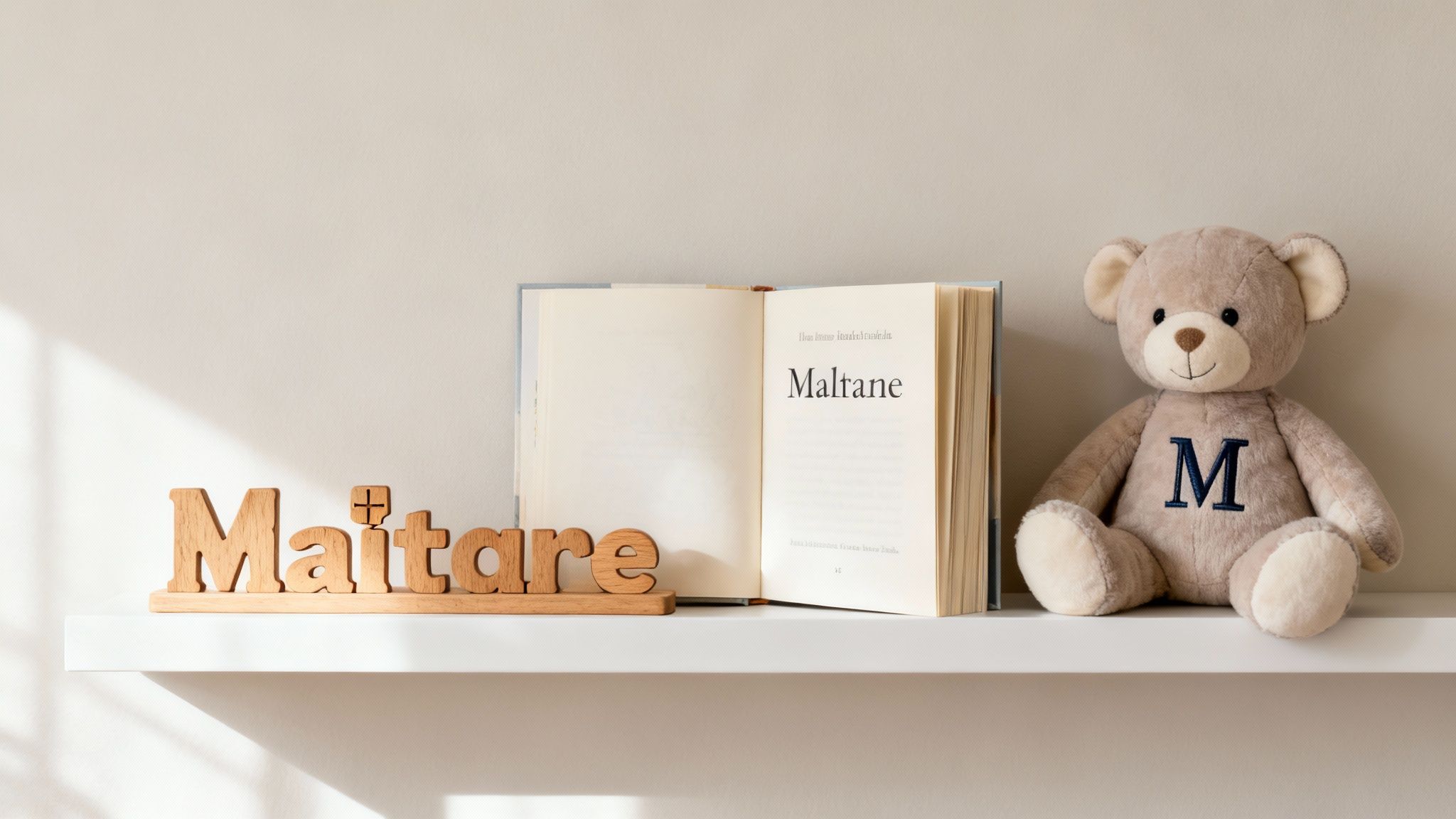 A white shelf holds a wooden Maitare name sign, an open book, and a teddy bear with an 'M' initial.