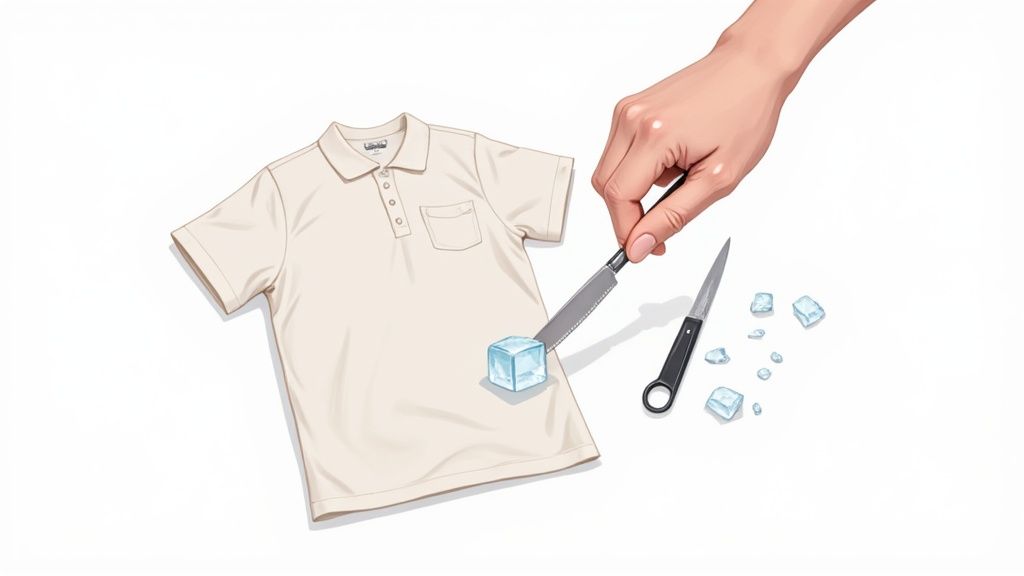 An iron being used on a piece of clothing with a protective layer between them.