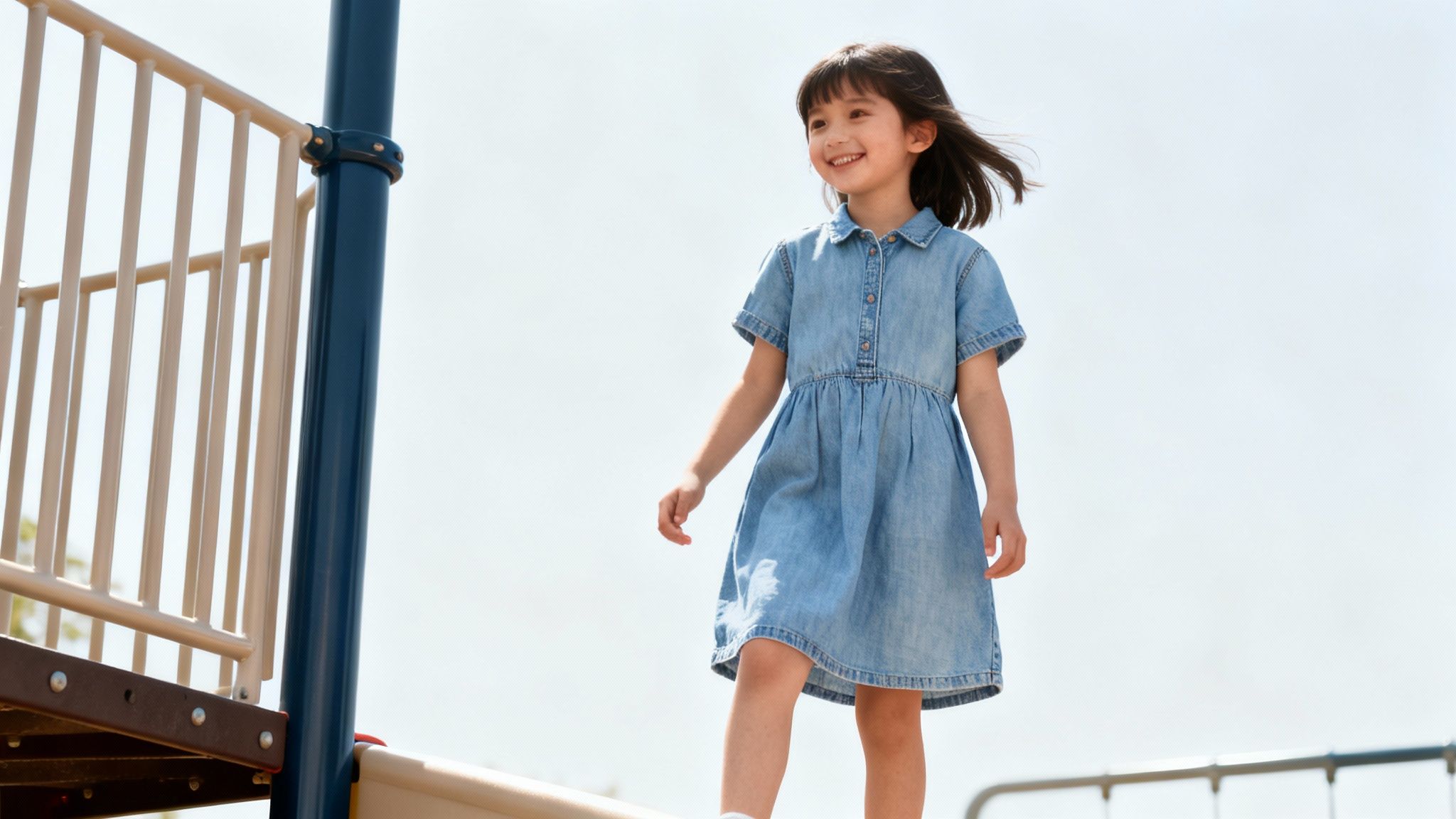 A smiling young girl in a blue chambray dress stands on a sunny playground structure.