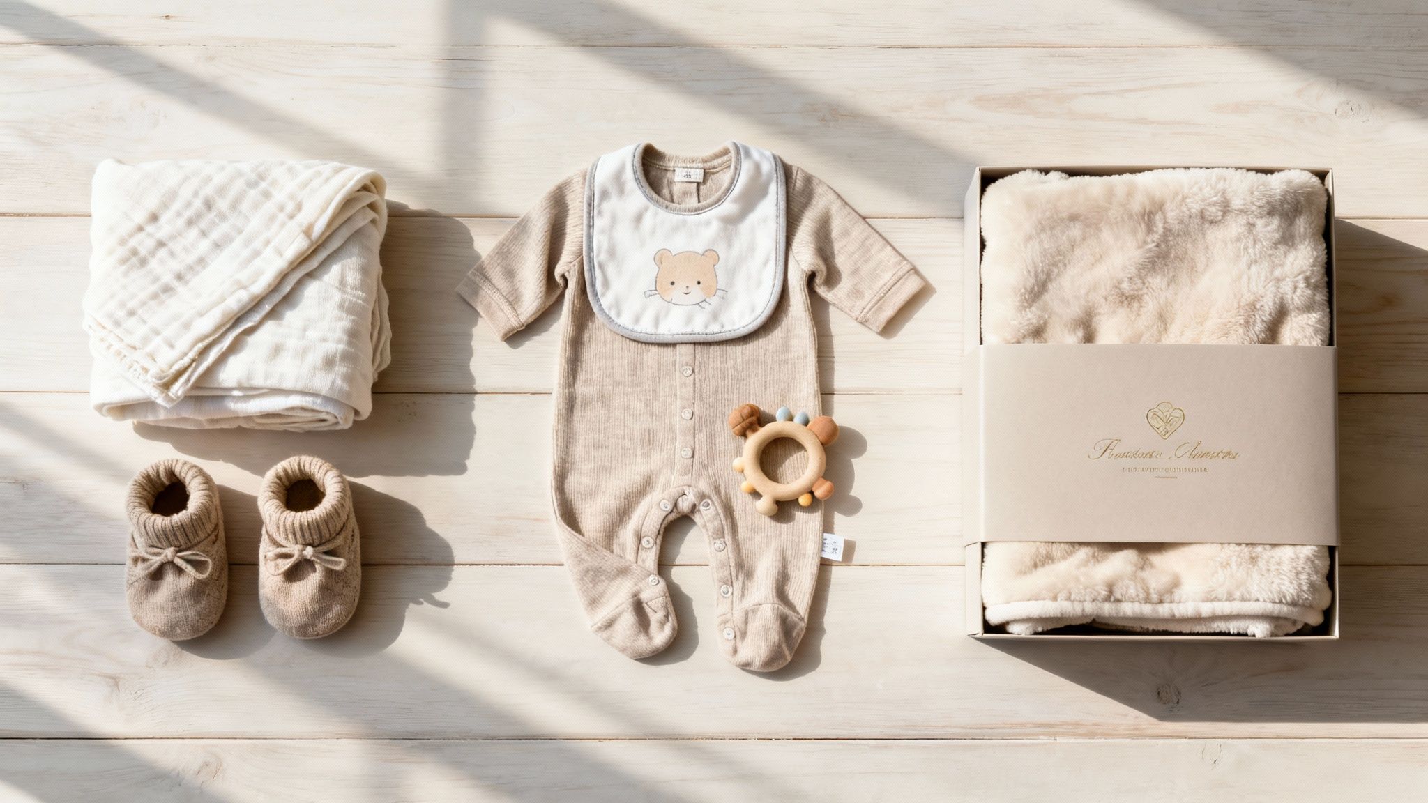 A charming flat lay of newborn baby essentials, including a romper, bib, booties, blanket, and teether, ideal for a baby shower gift.