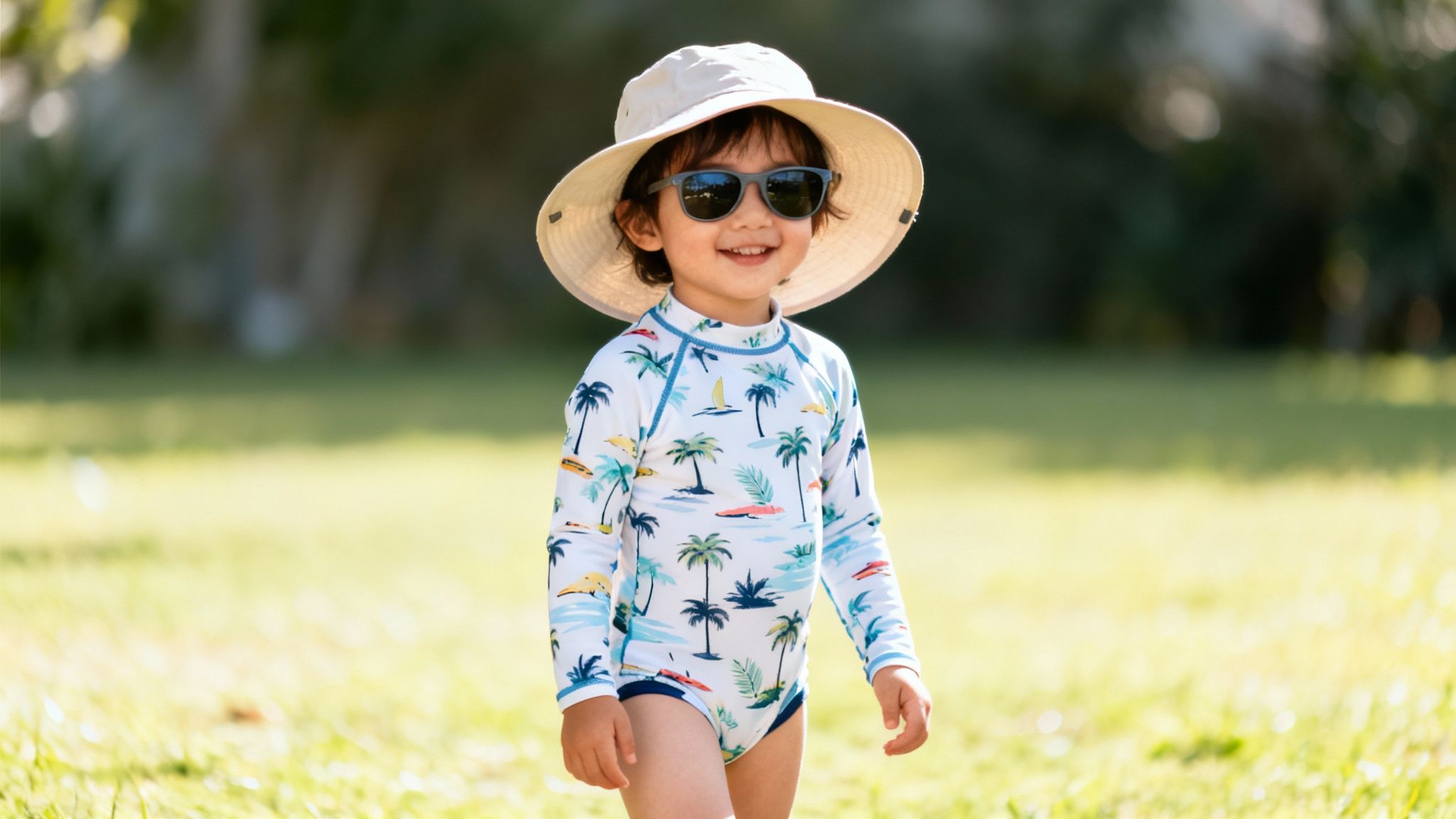 A smiling child wearing a patterned rash guard, sun hat, and sunglasses stands on green grass.