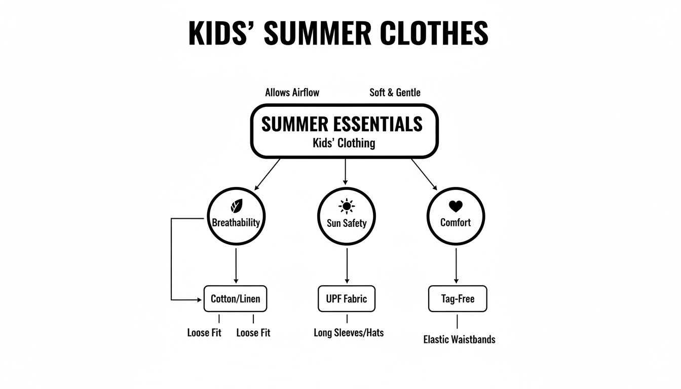 A flowchart detailing essential features for kids' summer clothing, including breathability, sun safety, and comfort.