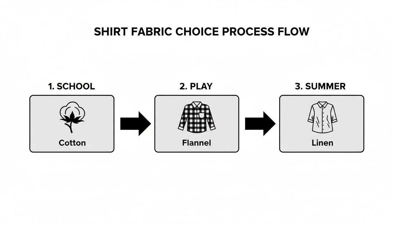 Flowchart showing shirt fabric choices: Cotton for school, Flannel for play, Linen for summer.
