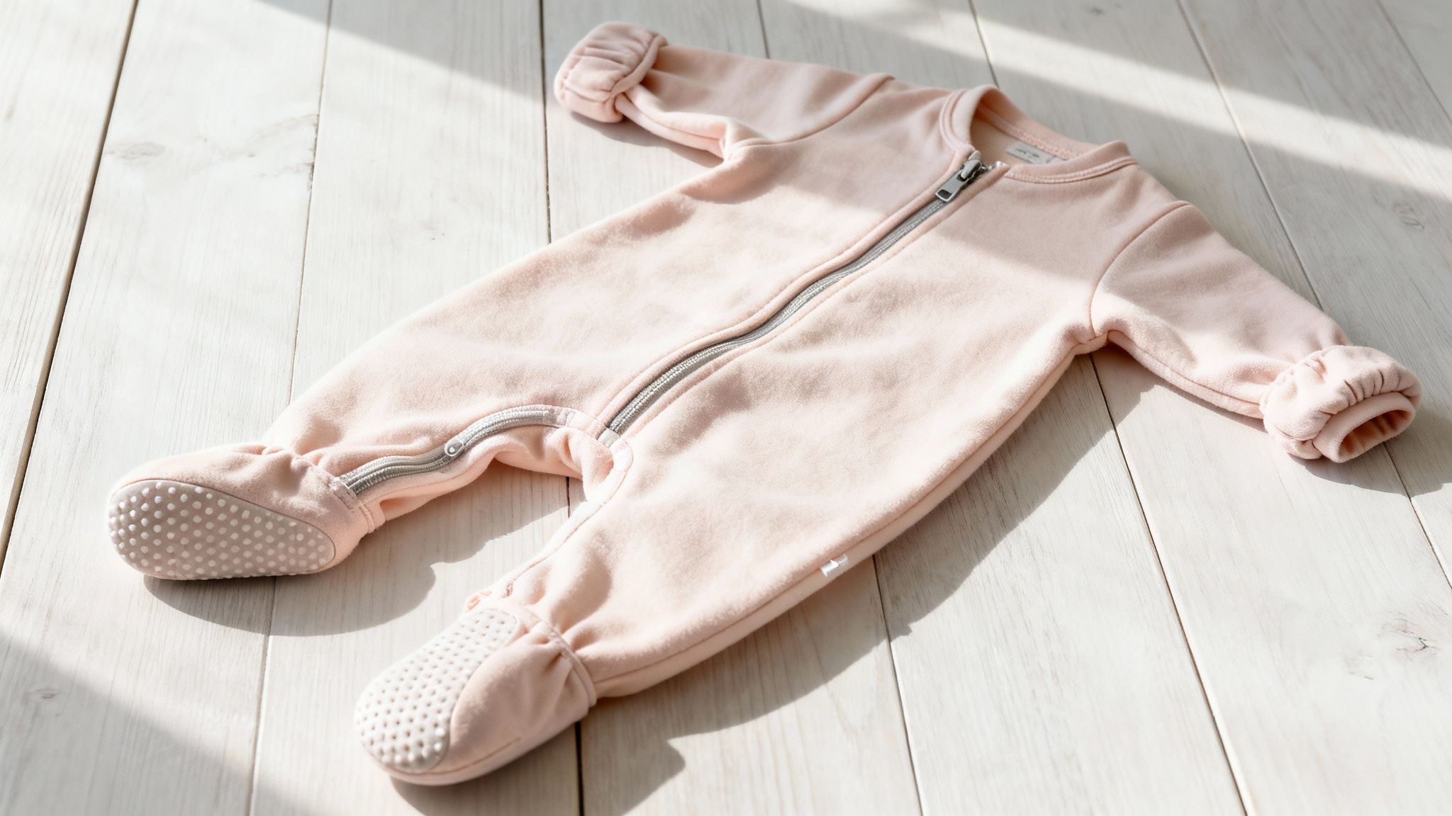 Soft pink baby footed onesie with a full zipper on a light wooden floor in sunlight.