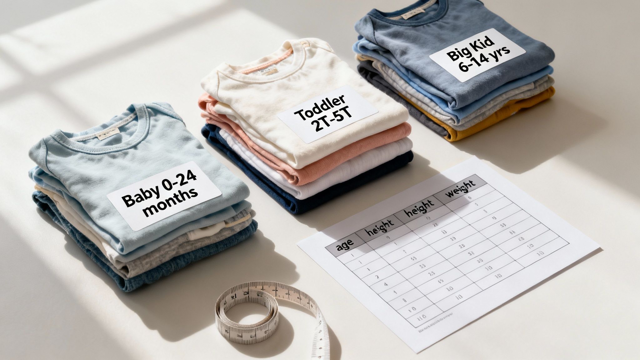 Three stacks of children's clothing sorted by age (baby, toddler, big kid) with a sizing chart.