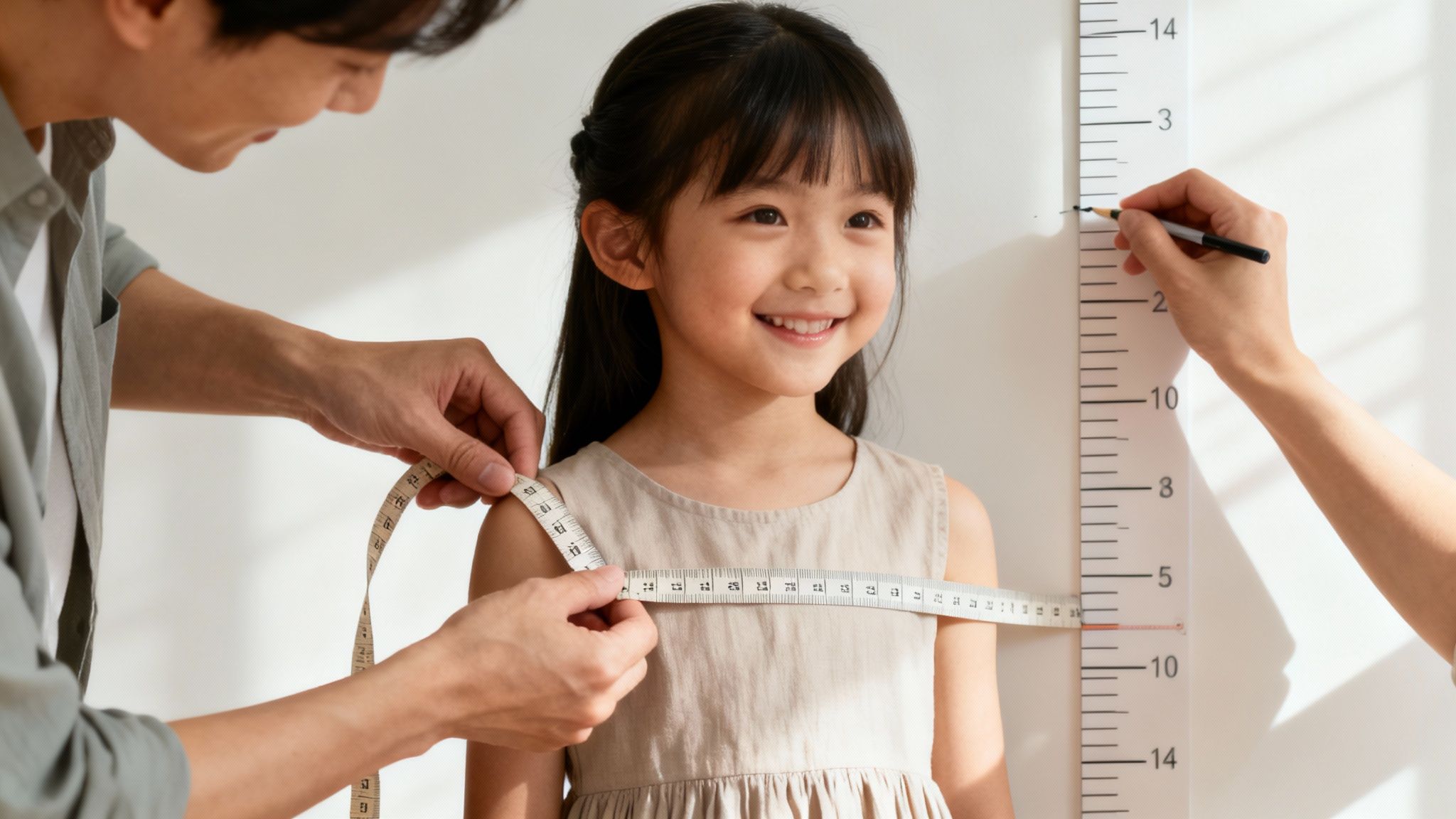 Parents measuring their happy daughter's height and shoulder width, celebrating her growth journey.