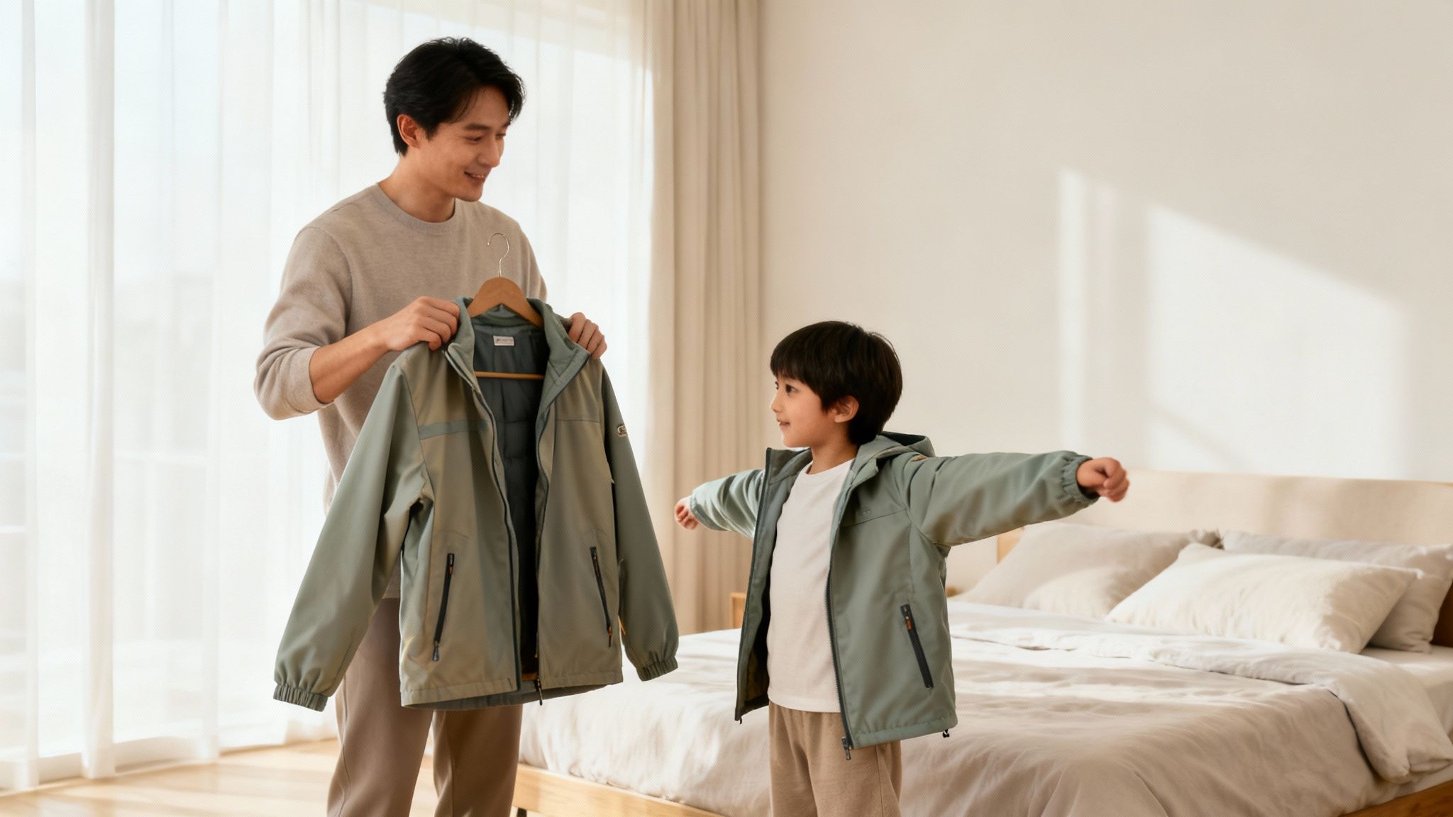 A loving father helps his young son with his jacket, preparing for a day out.