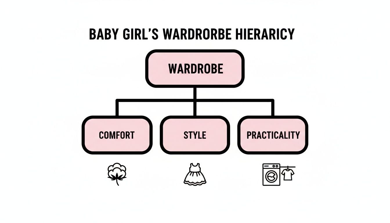 A hierarchy chart showing baby girl's wardrobe considerations: comfort (cotton), style (dress), and practicality (laundry).