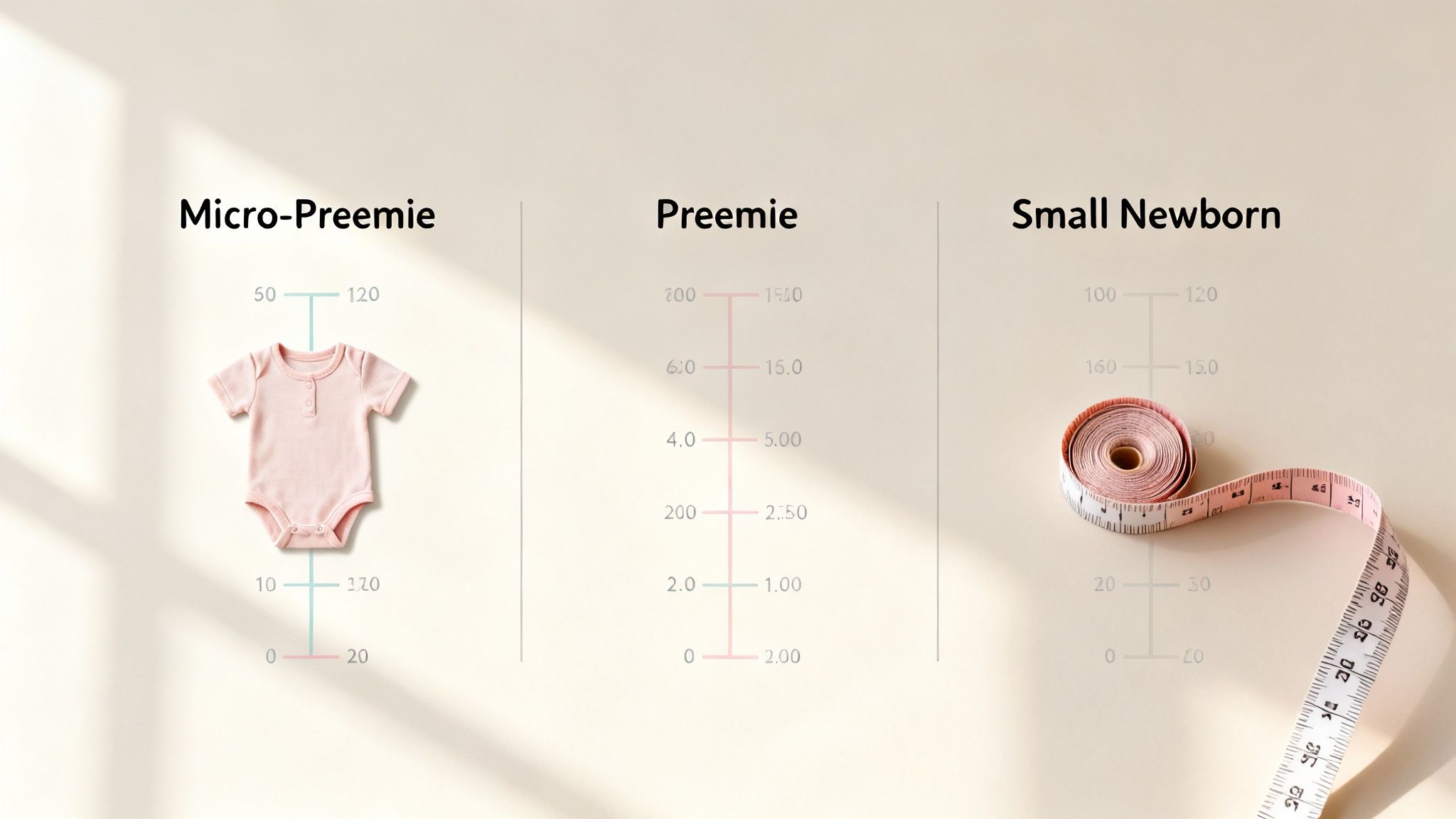 Comparison chart illustrating micro-preemie, preemie, and small newborn baby clothing sizes with visuals.