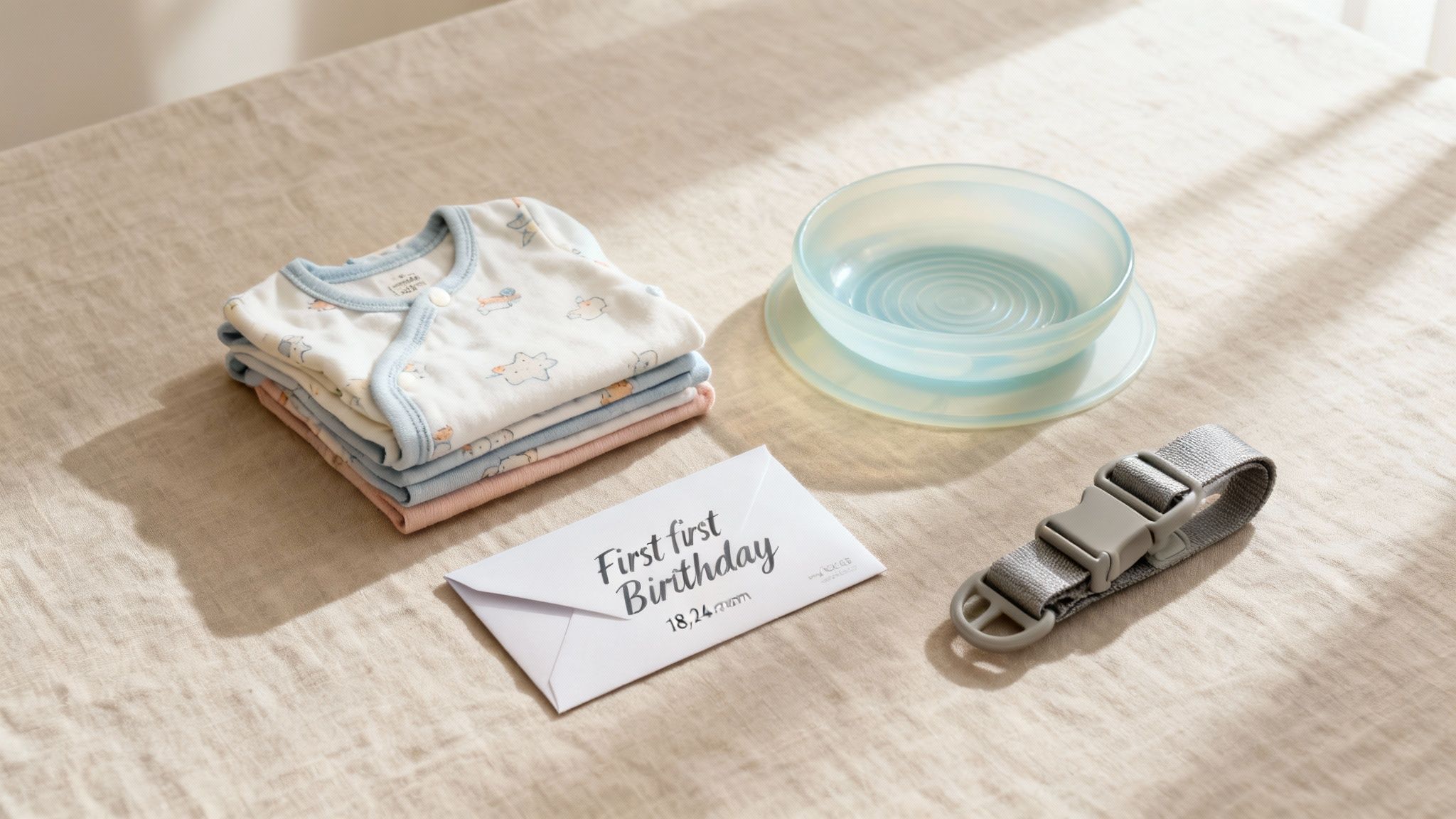 A flat lay showcasing a stack of baby clothes, a blue feeding bowl, a grey buckle strap, and an envelope printed with 'First first Birthday' on a textured fabric surface.