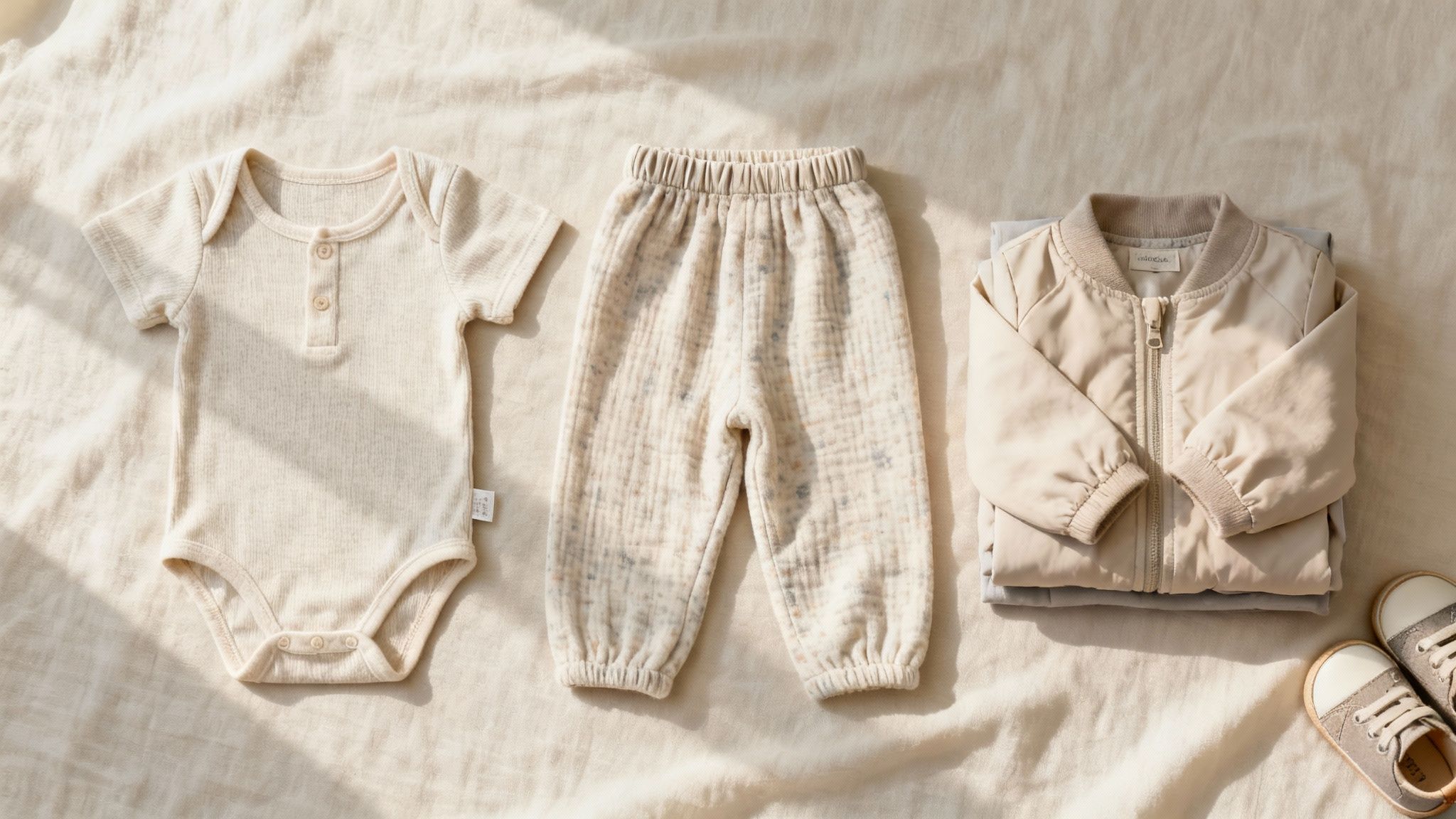 Flat lay of neutral-toned baby clothes including a bodysuit, patterned pants, a jacket, and sneakers.