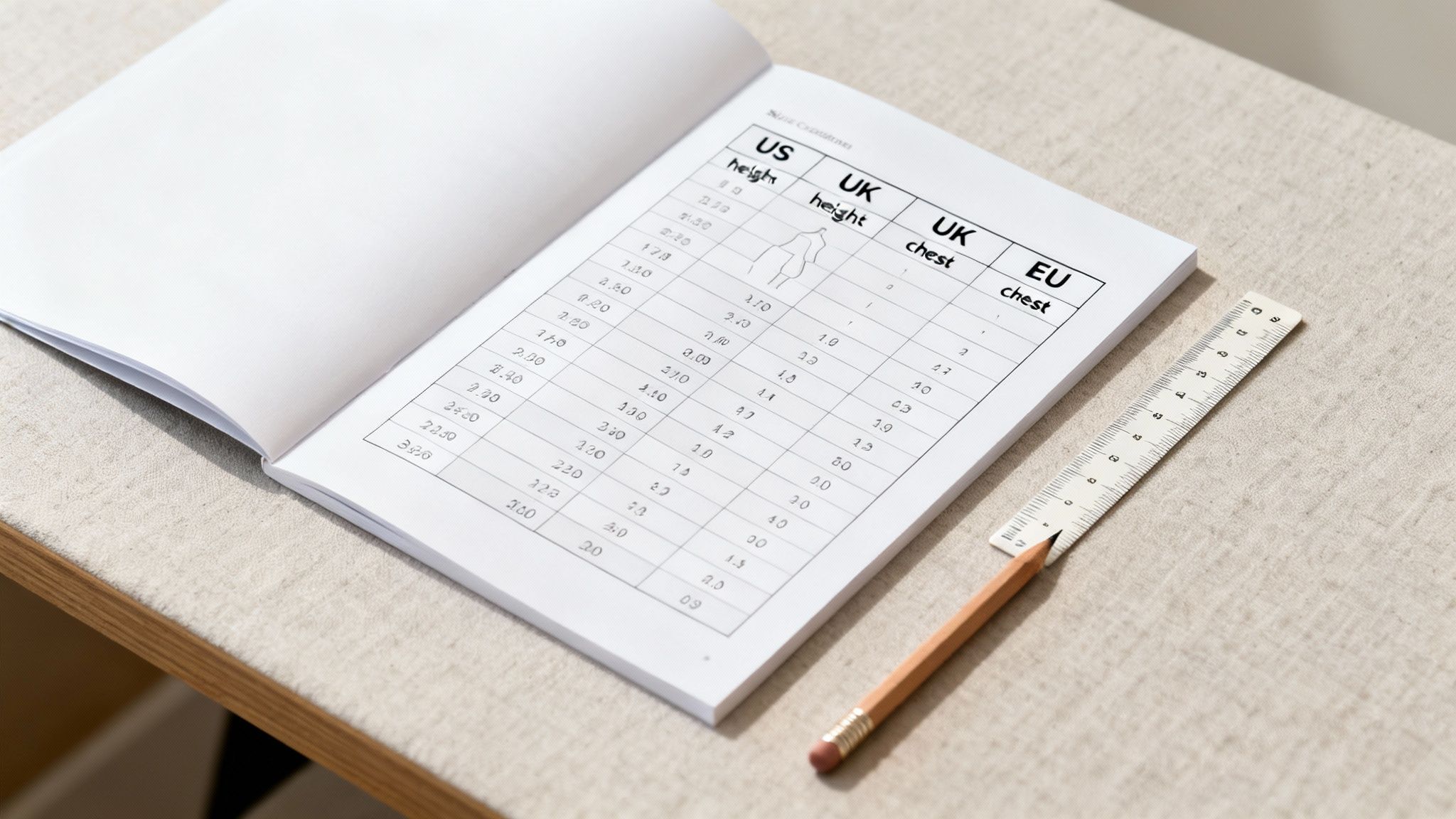An open notebook displays children's sizing charts with US, UK, and EU measurements.
