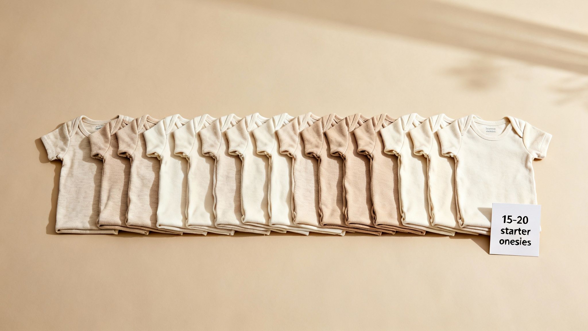 Fifteen neutral-colored baby onesies arranged in a row on a beige surface with a '15-20 starter onesies' card.