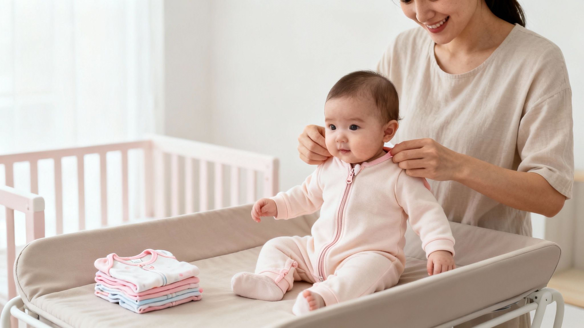 A smiling mother dresses her baby girl in a pink outfit on a changing table, with baby clothes nearby.
