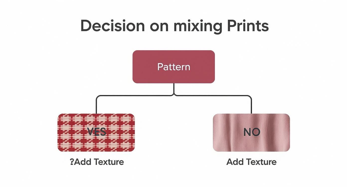 An infographic decision tree showing how to mix patterns and textures for family outfits.