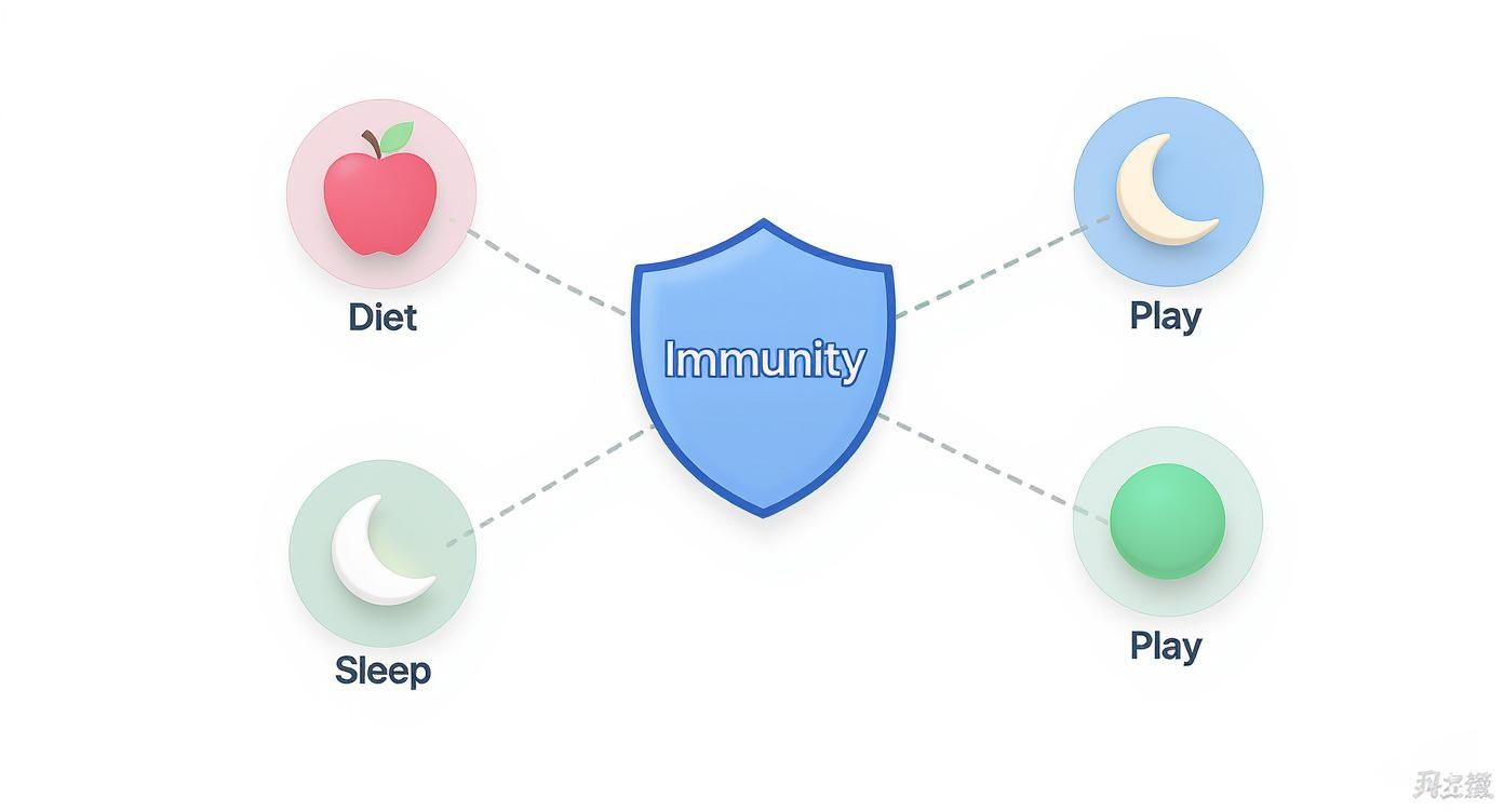 Shield diagram showing immunity supported by diet, sleep, and play lifestyle factors illustration
