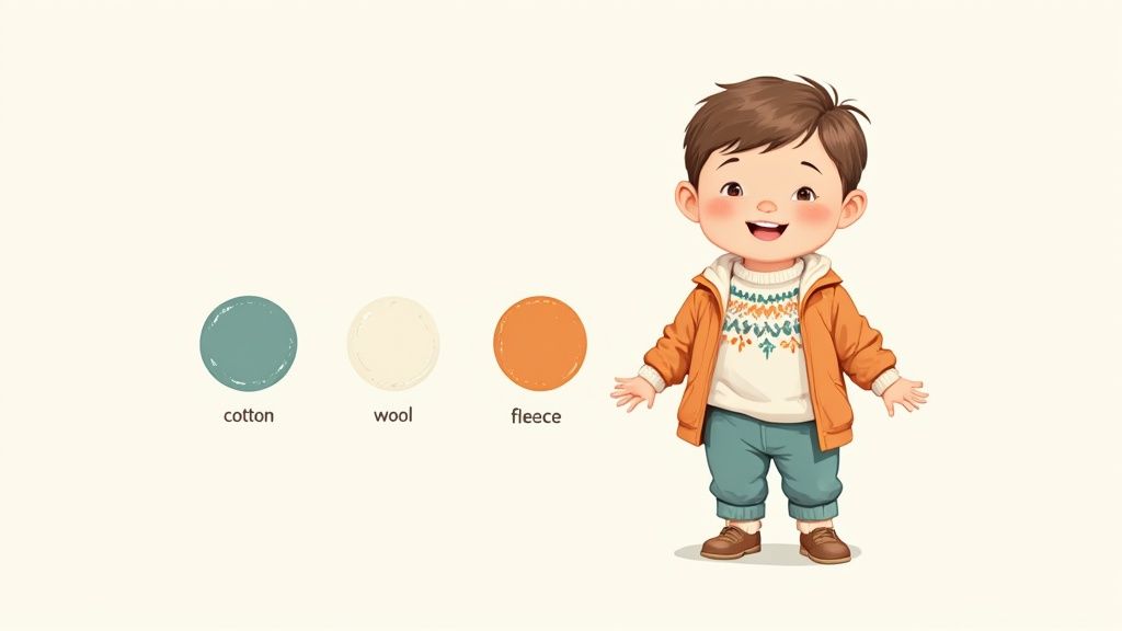 A young boy smiling while wearing a comfortable Christmas sweater and pants