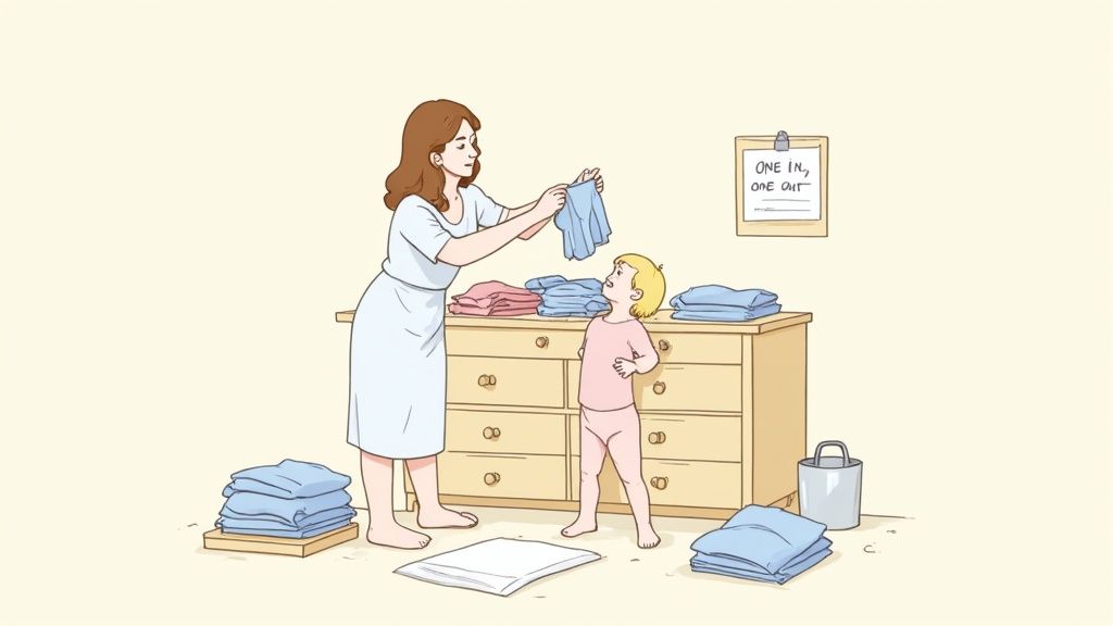 A child neatly folding clothes and placing them in a drawer.