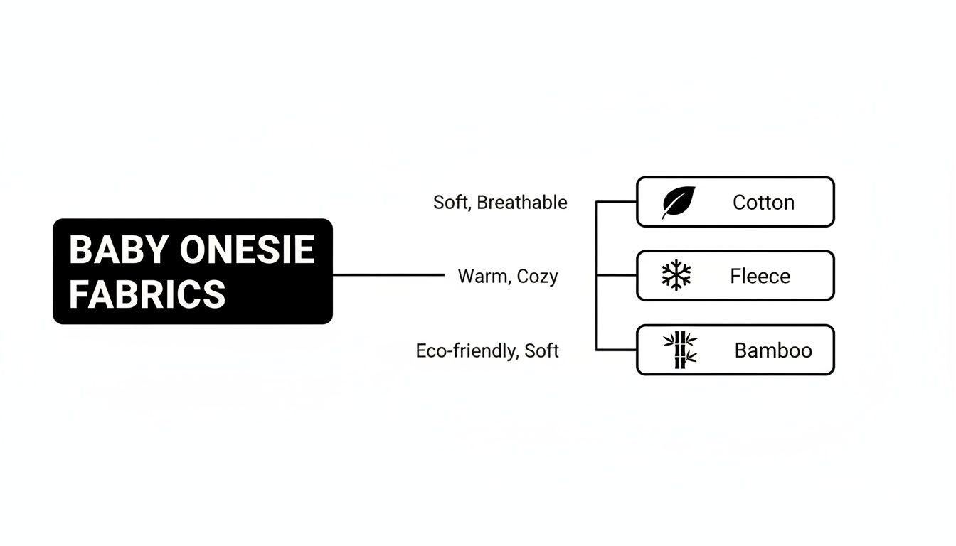 A diagram listing baby onesie fabric options: Cotton (soft, breathable), Fleece (warm, cozy), and Bamboo (eco-friendly, soft).