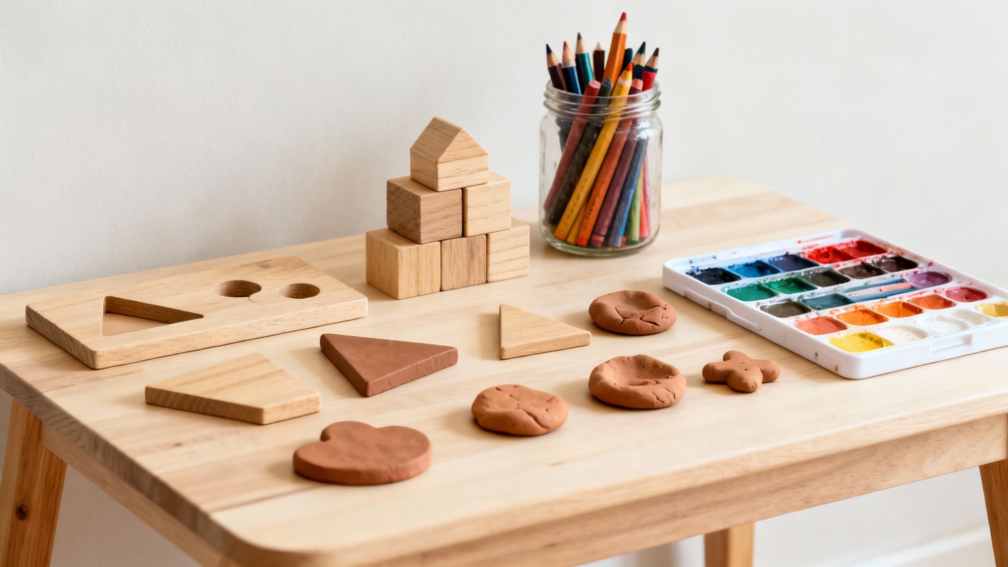 A wooden table displaying various craft supplies including watercolor paints, colored pencils, and wooden blocks.