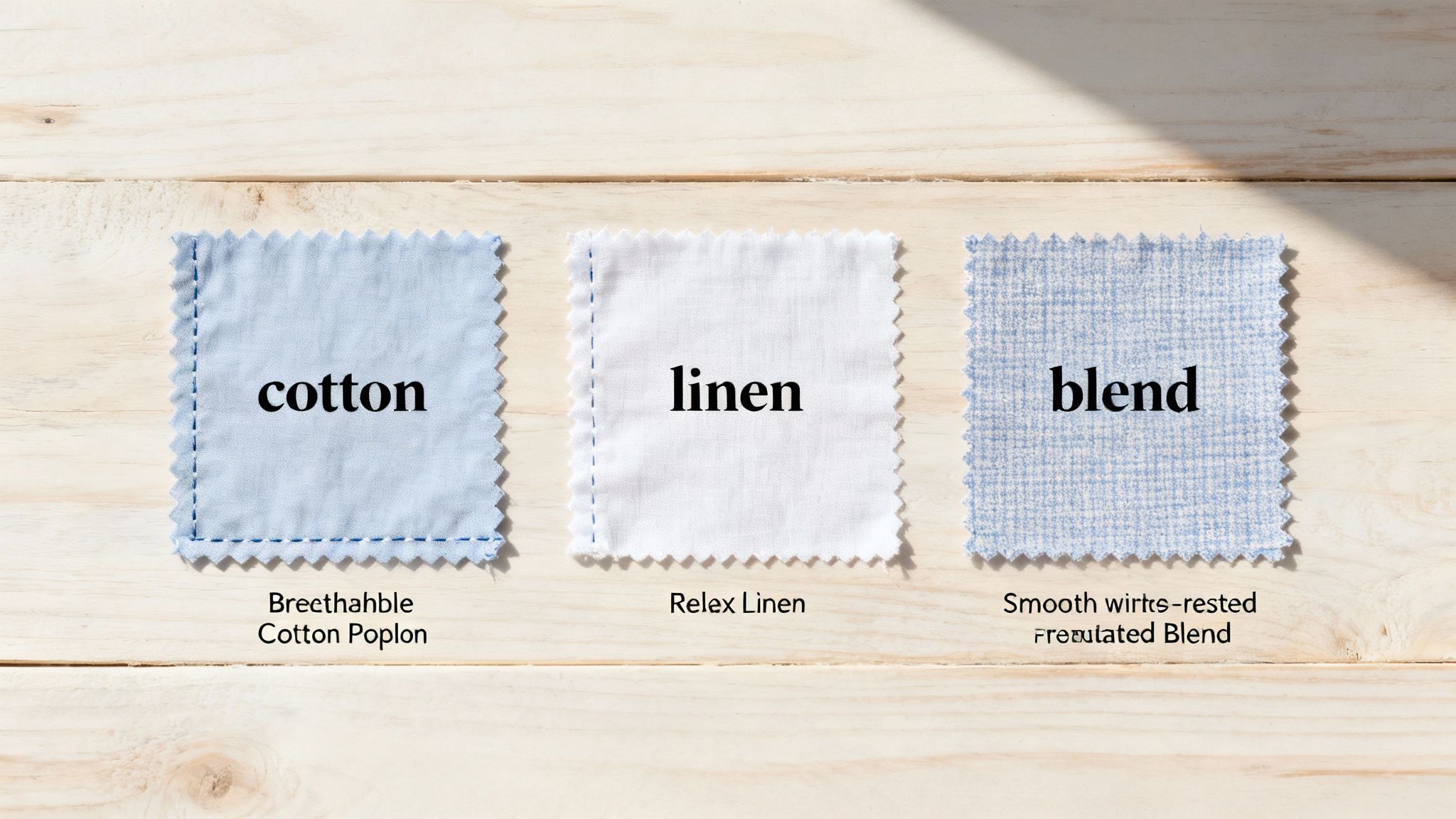 Three fabric swatches: light blue cotton, white linen, and a blue patterned blend, on wood.