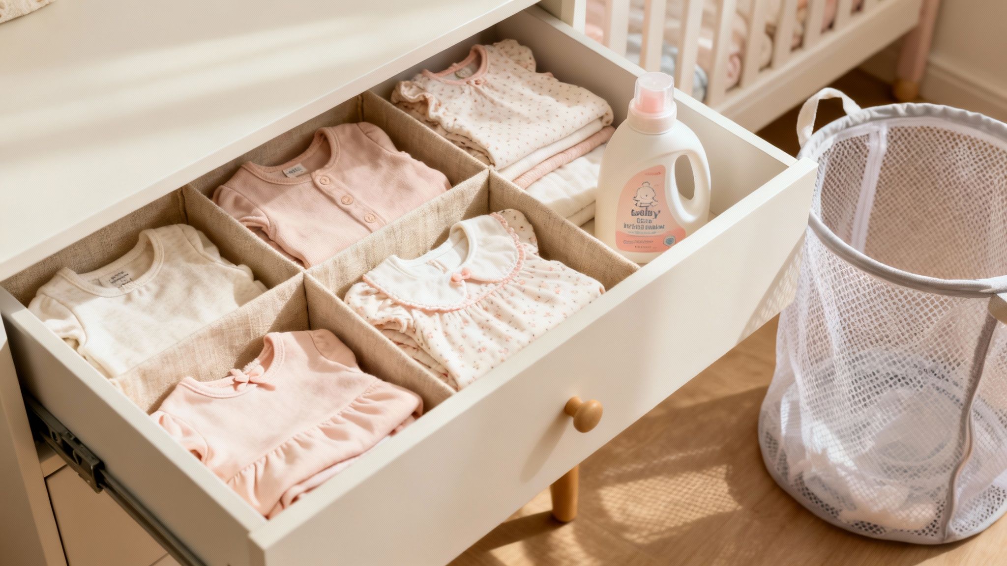 An open dresser drawer filled with neatly organized pink and white baby girl clothes.
