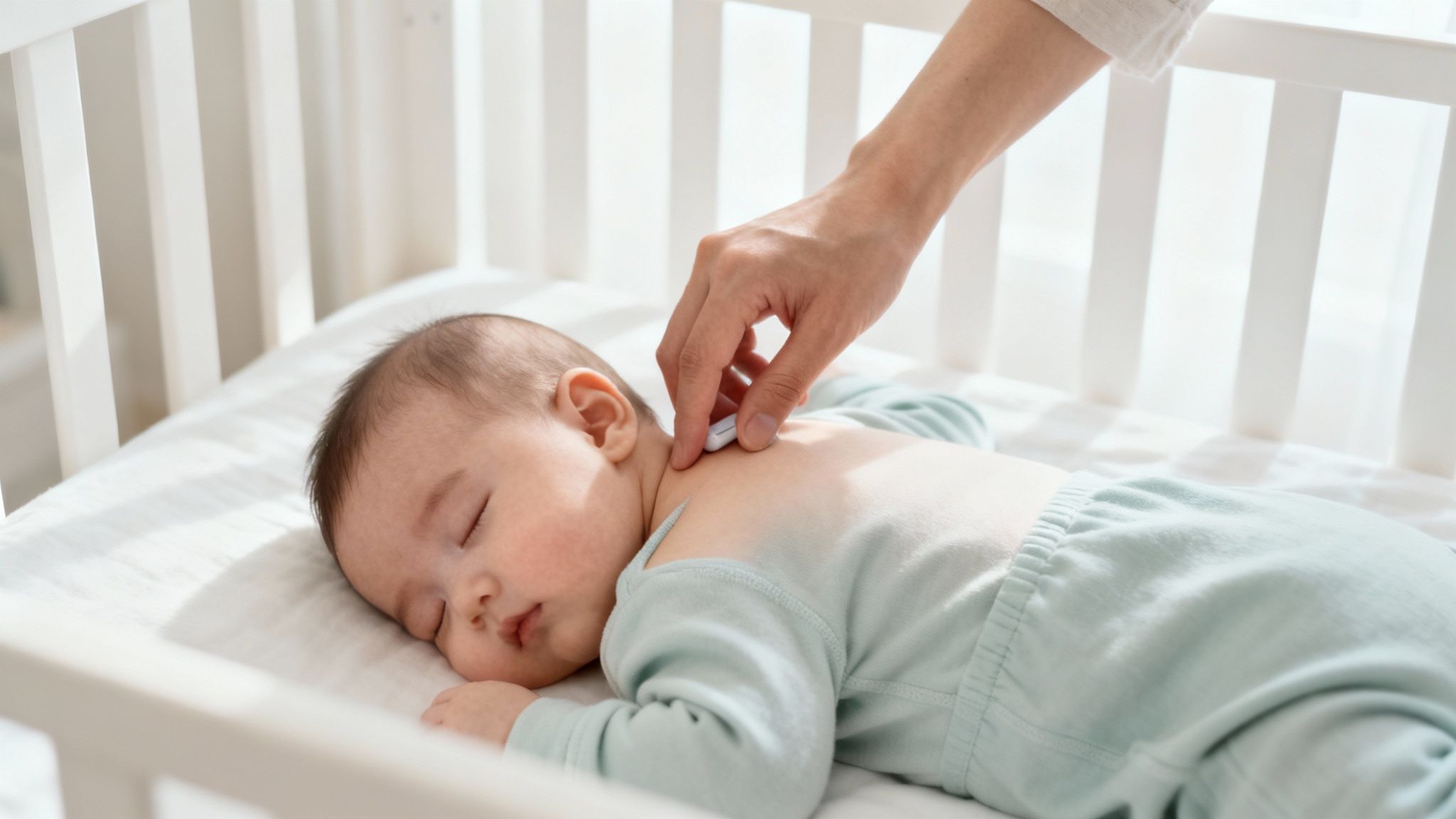 Parent gently touching sleeping baby's back in white crib wearing light blue pajamas