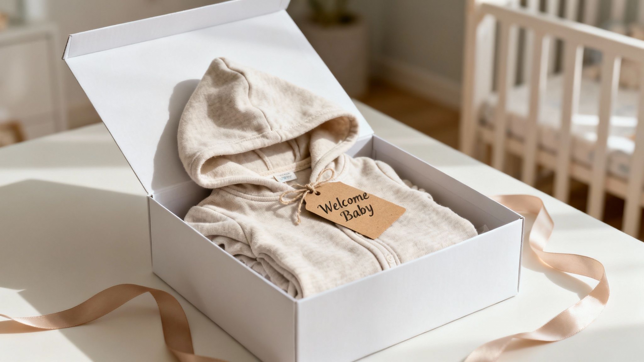 A white gift box holds a beige baby hooded onesie with a 'Welcome Baby' tag, beside a ribbon, in a nursery.