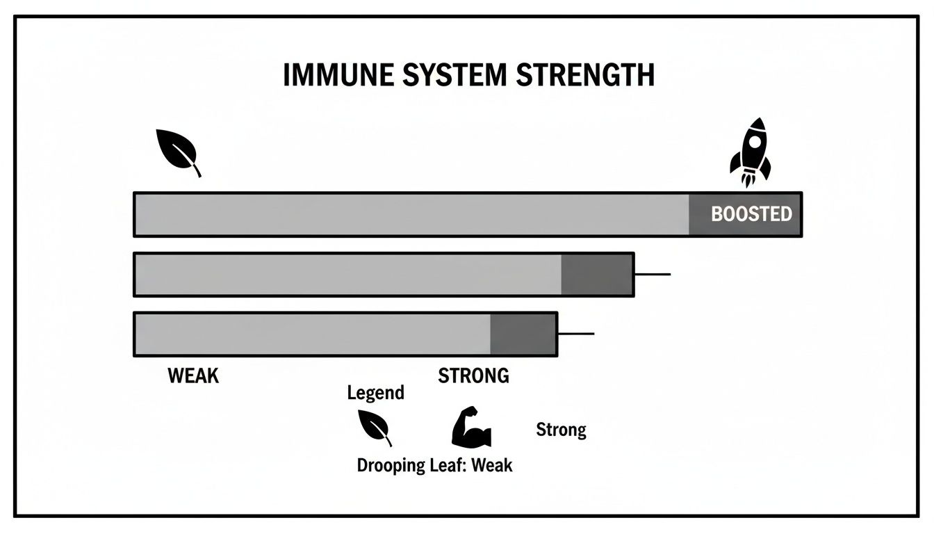 Bar chart illustrating immune system strength levels, from weak to strong and boosted, with a legend.
